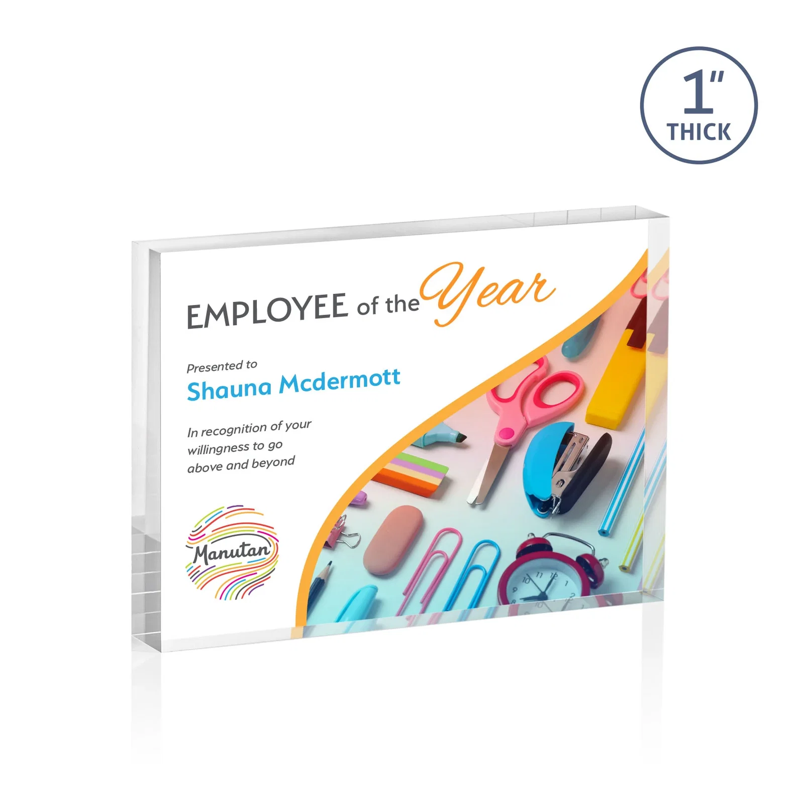Personalized One-Inch-Thick Freestanding Acrylic Block Desk Award for employee recognition
