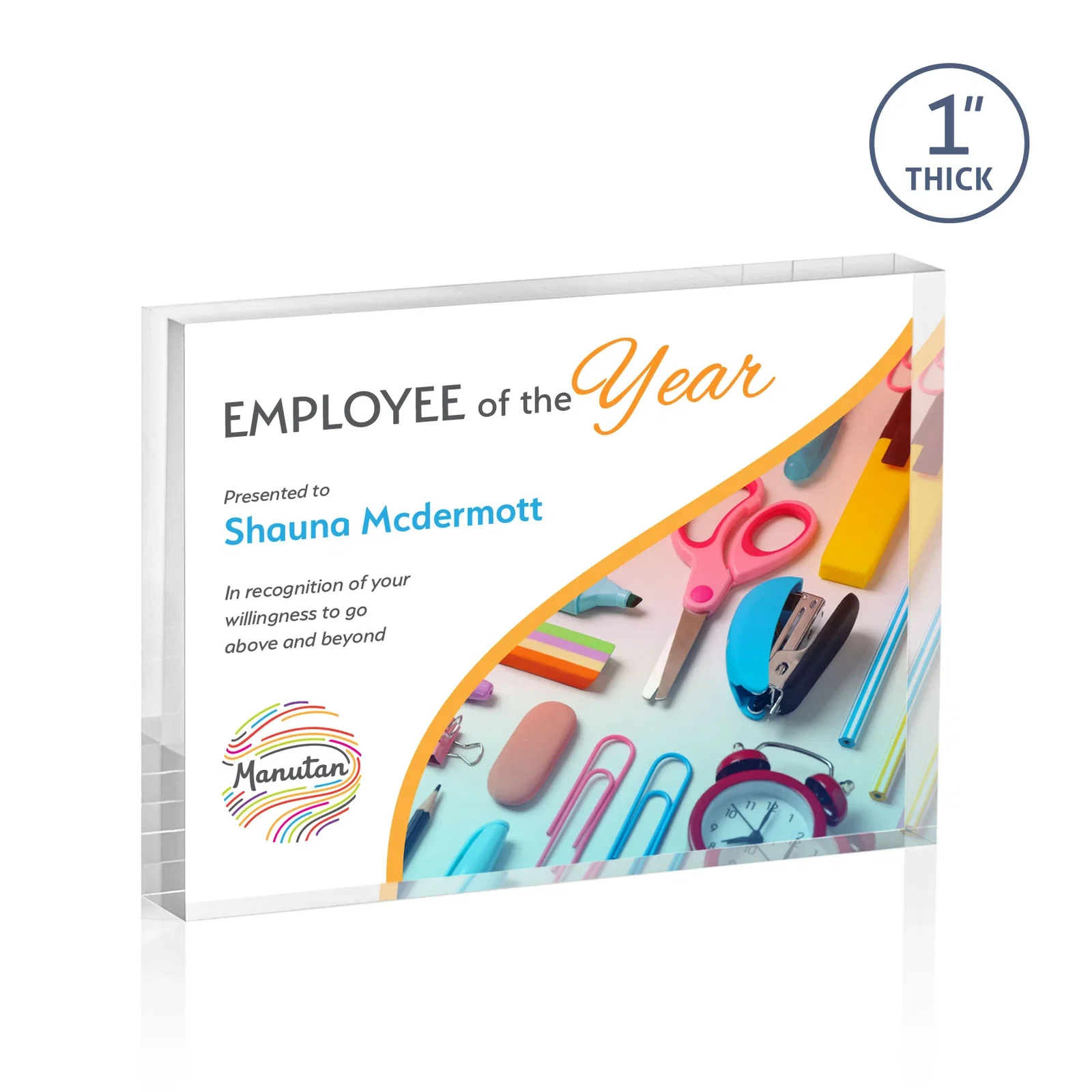 Personalized One-Inch-Thick Freestanding Acrylic Block Desk Award for corporate award ceremonies