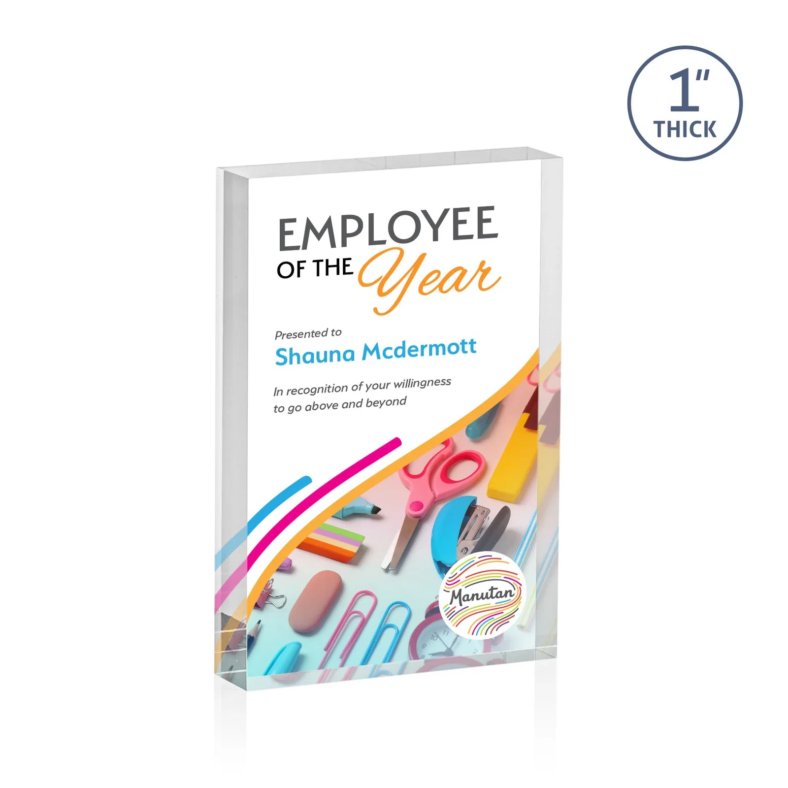 Personalized One-Inch-Thick Freestanding Acrylic Block Desk Award for sales achievement awards