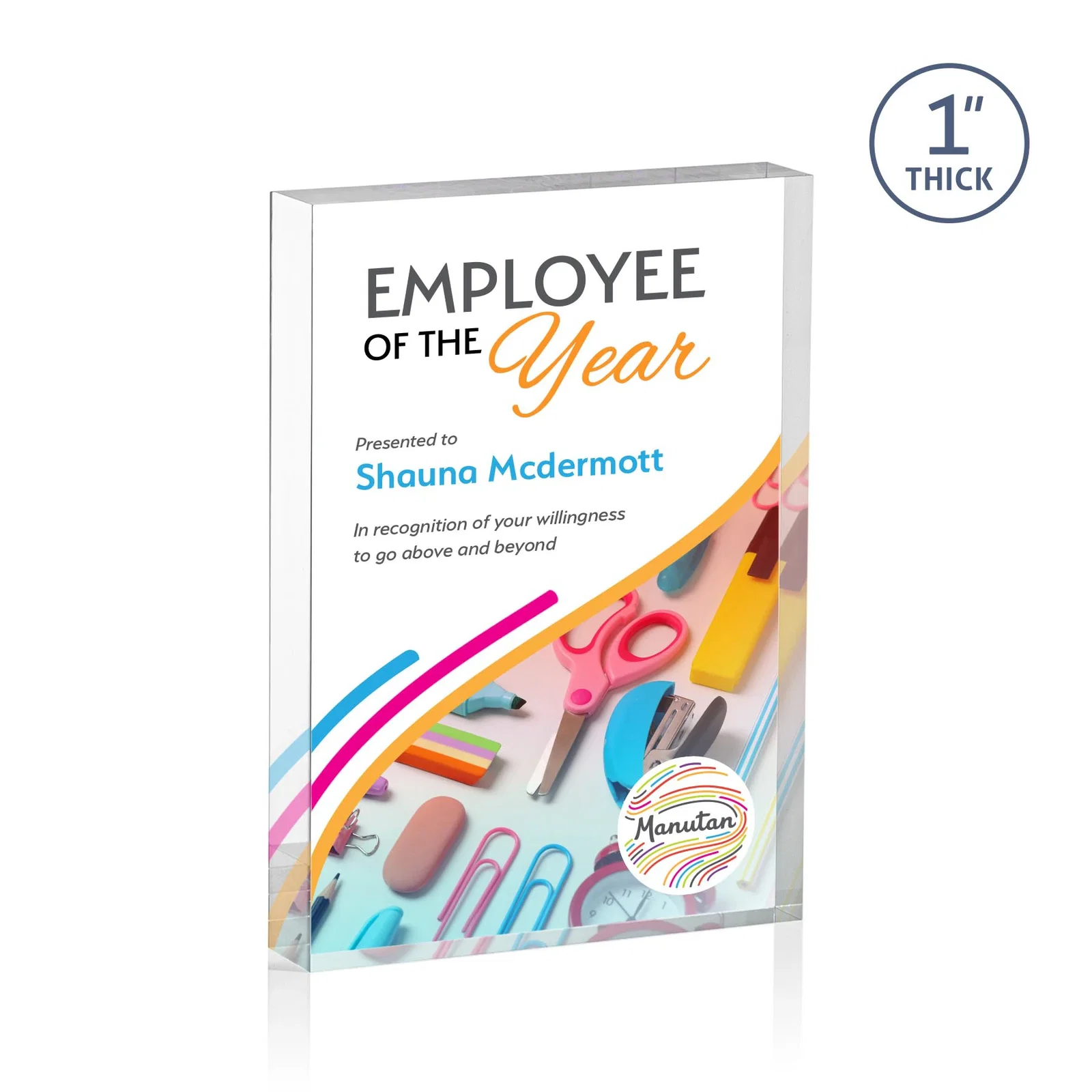 Personalized One-Inch-Thick Freestanding Acrylic Block Desk Award for retirement presentations
