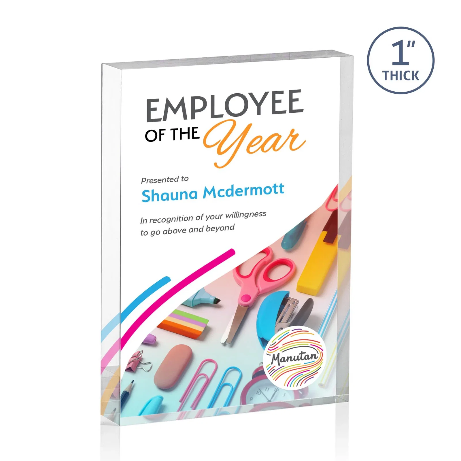 Personalized One-Inch-Thick Freestanding Acrylic Block Desk Award for team milestone celebrations