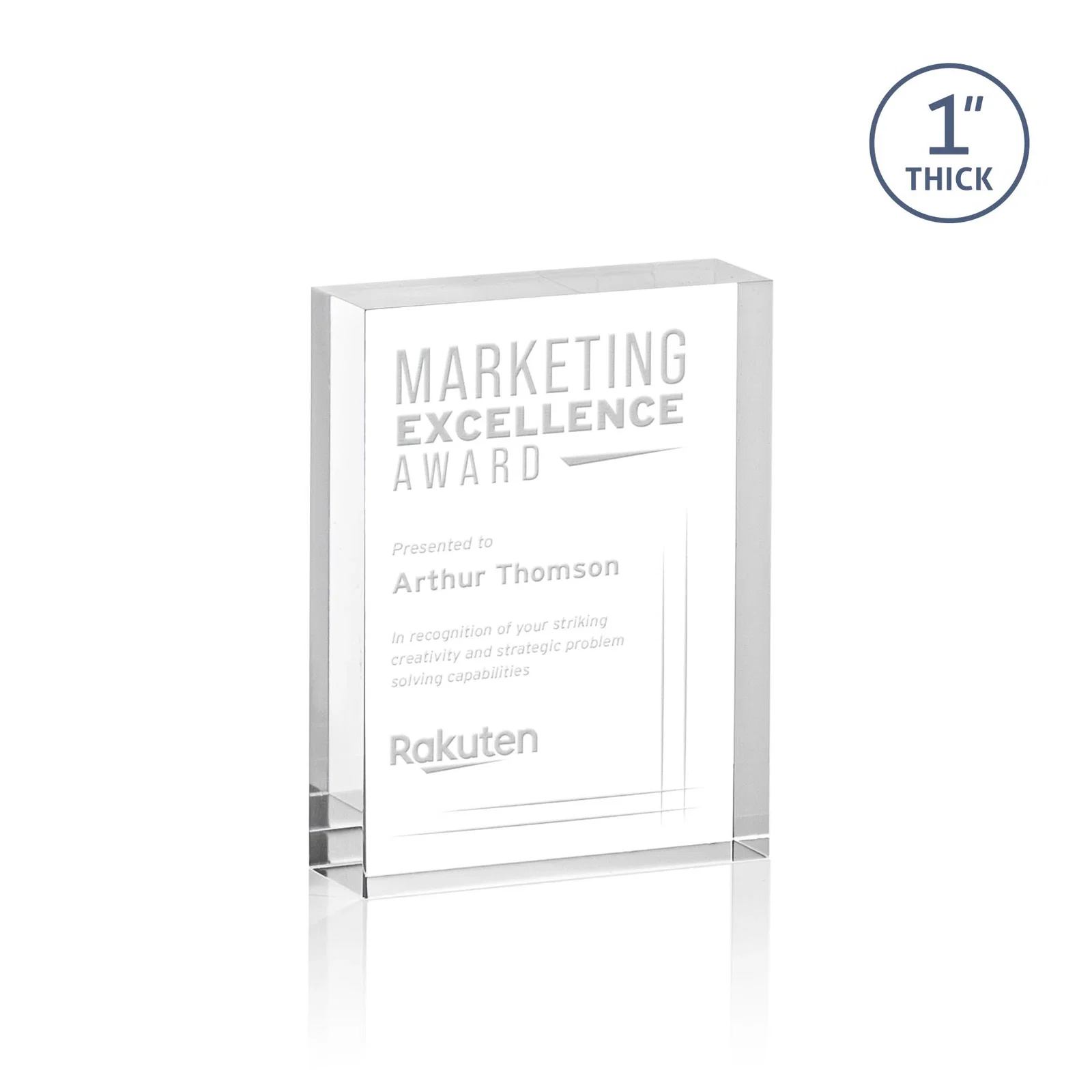 Custom One-Inch-Thick Freestanding Acrylic Block Desk Award for corporate award ceremonies