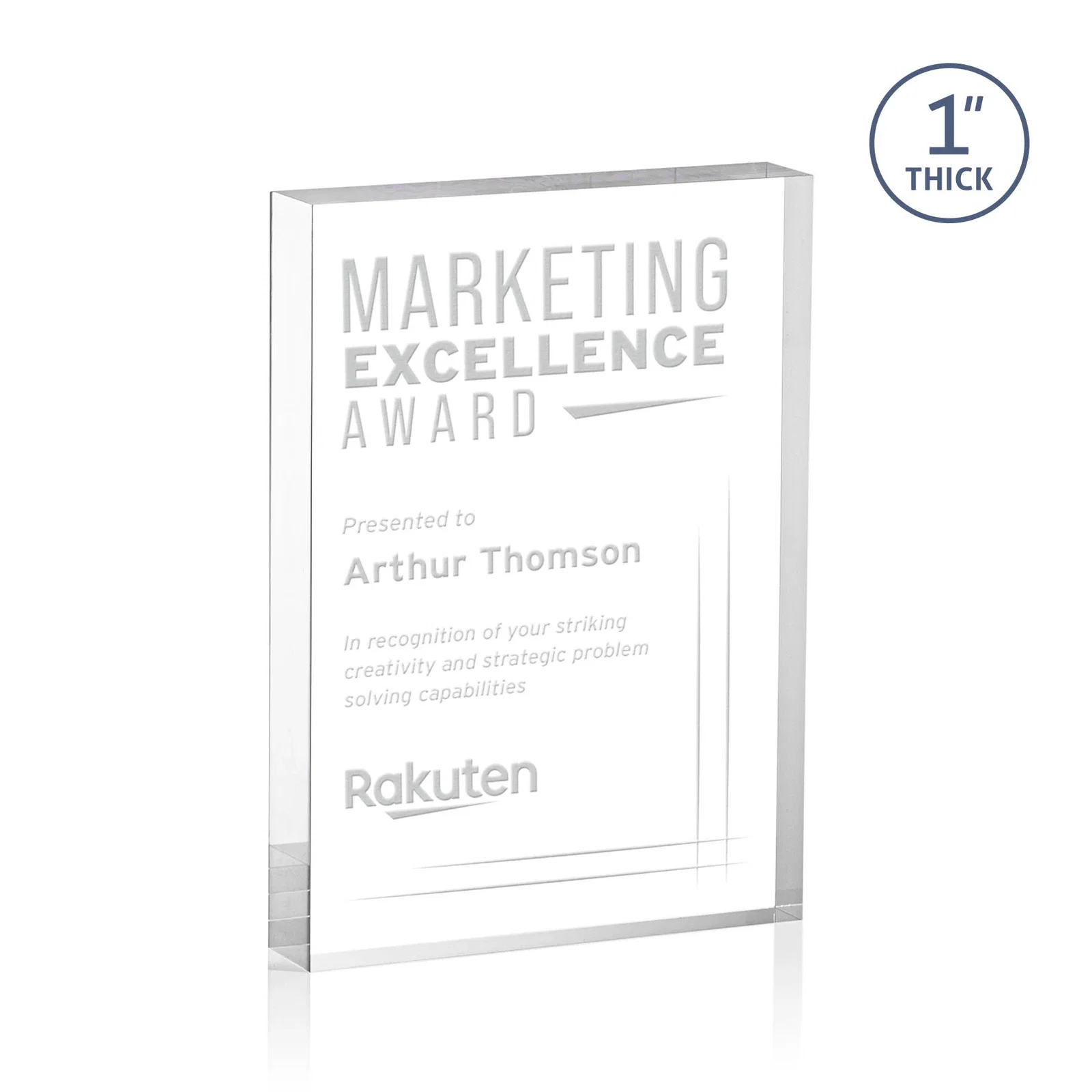 Custom One-Inch-Thick Freestanding Acrylic Block Desk Award for sales achievement awards