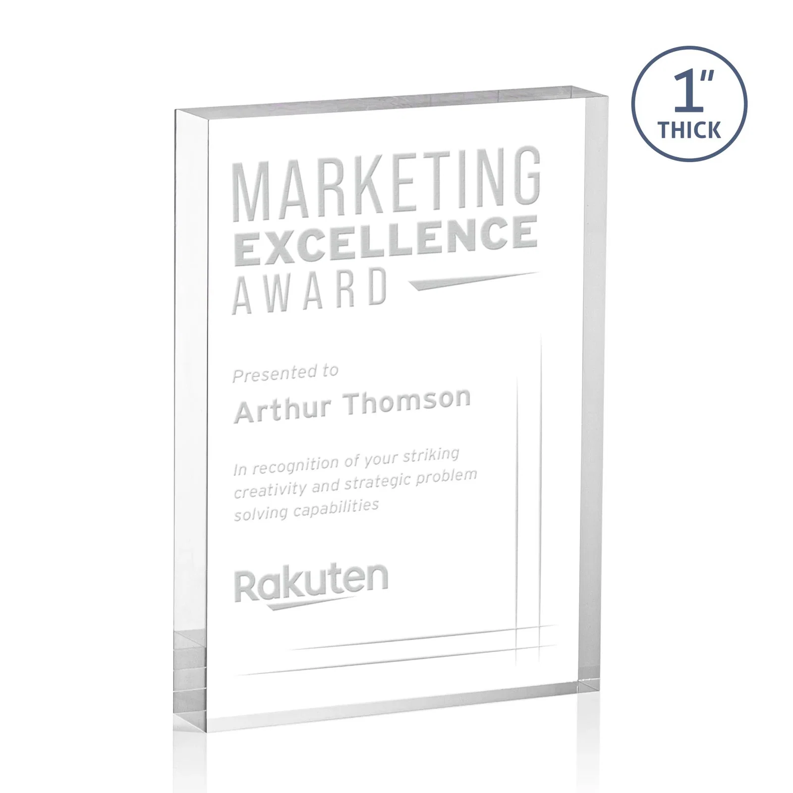 Custom One-Inch-Thick Freestanding Acrylic Block Desk Award for retirement presentations