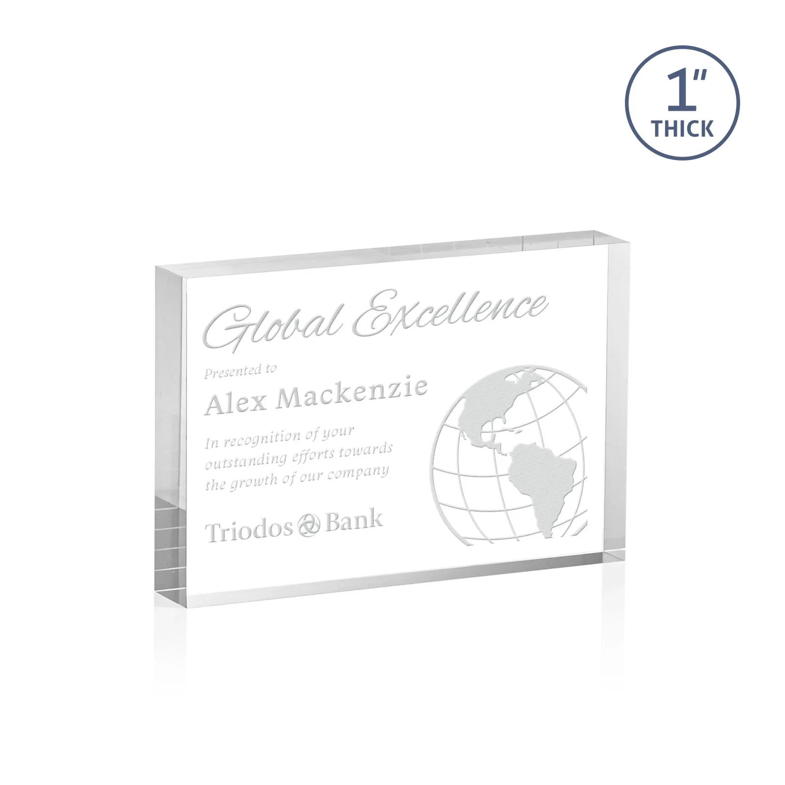 Custom One-Inch-Thick Freestanding Acrylic Block Desk Award for donor appreciation