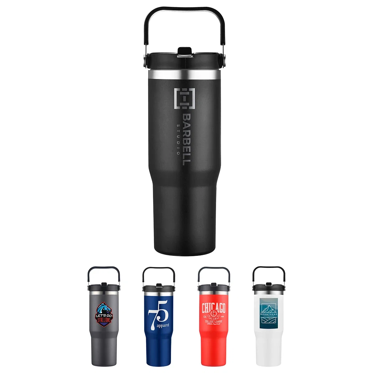 Custom Tollara 30 oz Vacuum Insulated Tumbler, front view of the branded tumbler with flip top spout