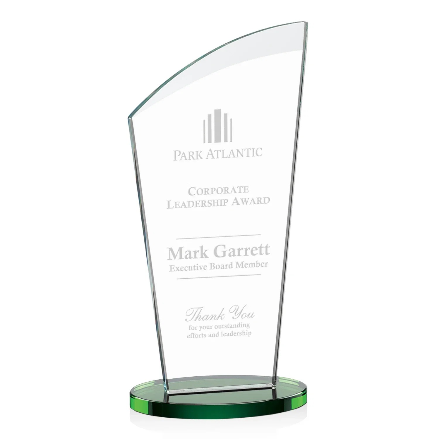 Personalized Starfire Crystal Oval Award with a Searchlight Bevel for employee recognition