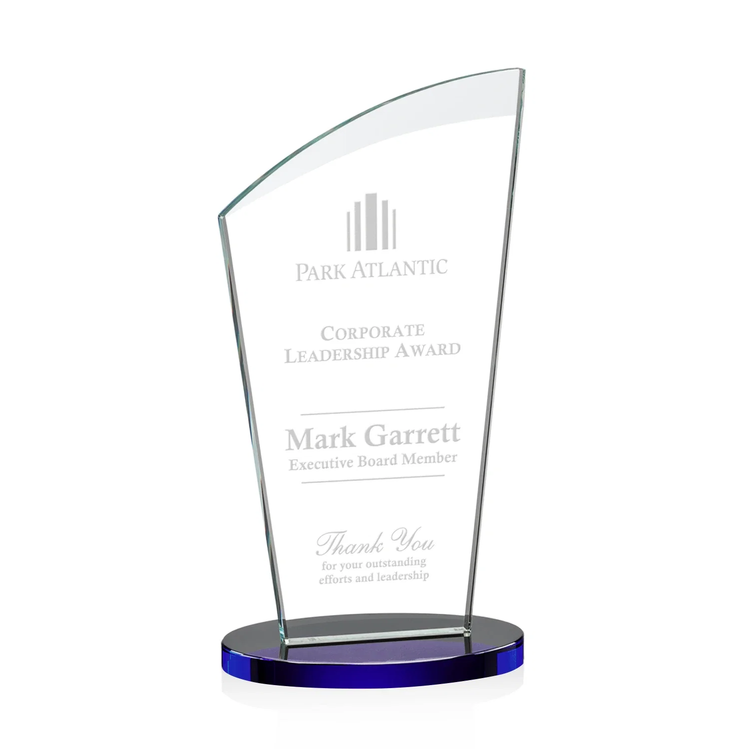 Personalized Starfire Crystal Oval Award with a Searchlight Bevel for sales achievement awards