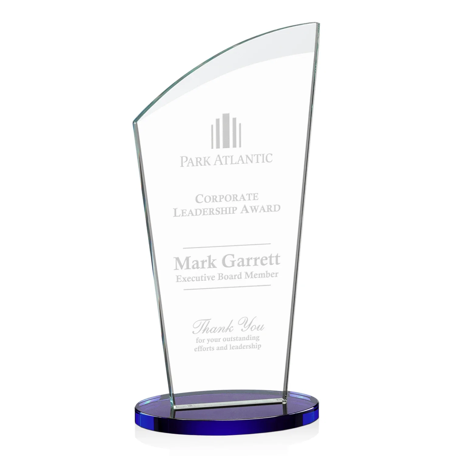 Personalized Starfire Crystal Oval Award with a Searchlight Bevel for retirement presentations