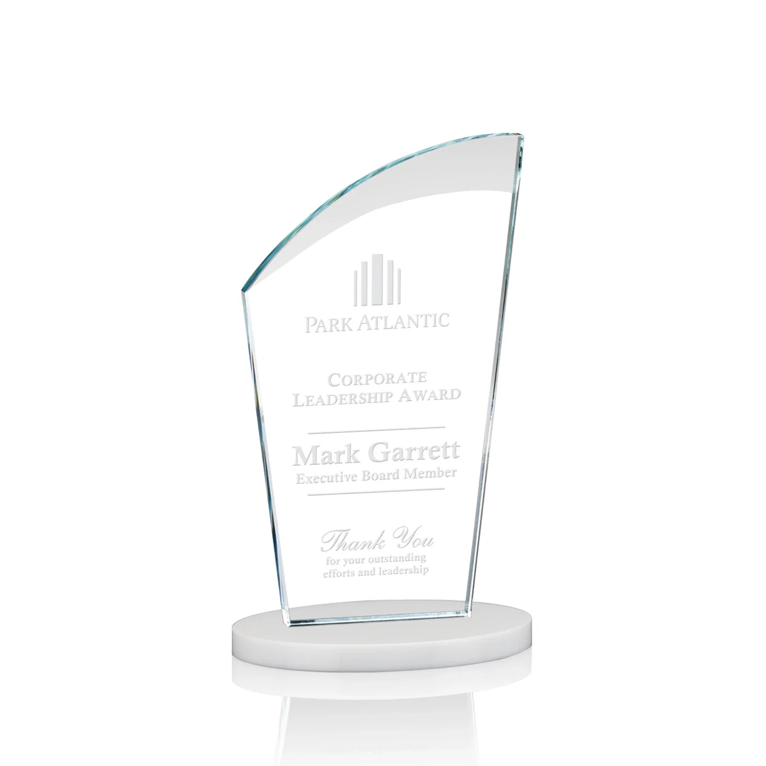 Personalized Starfire Crystal Oval Award with a Searchlight Bevel for dealer and partner awards