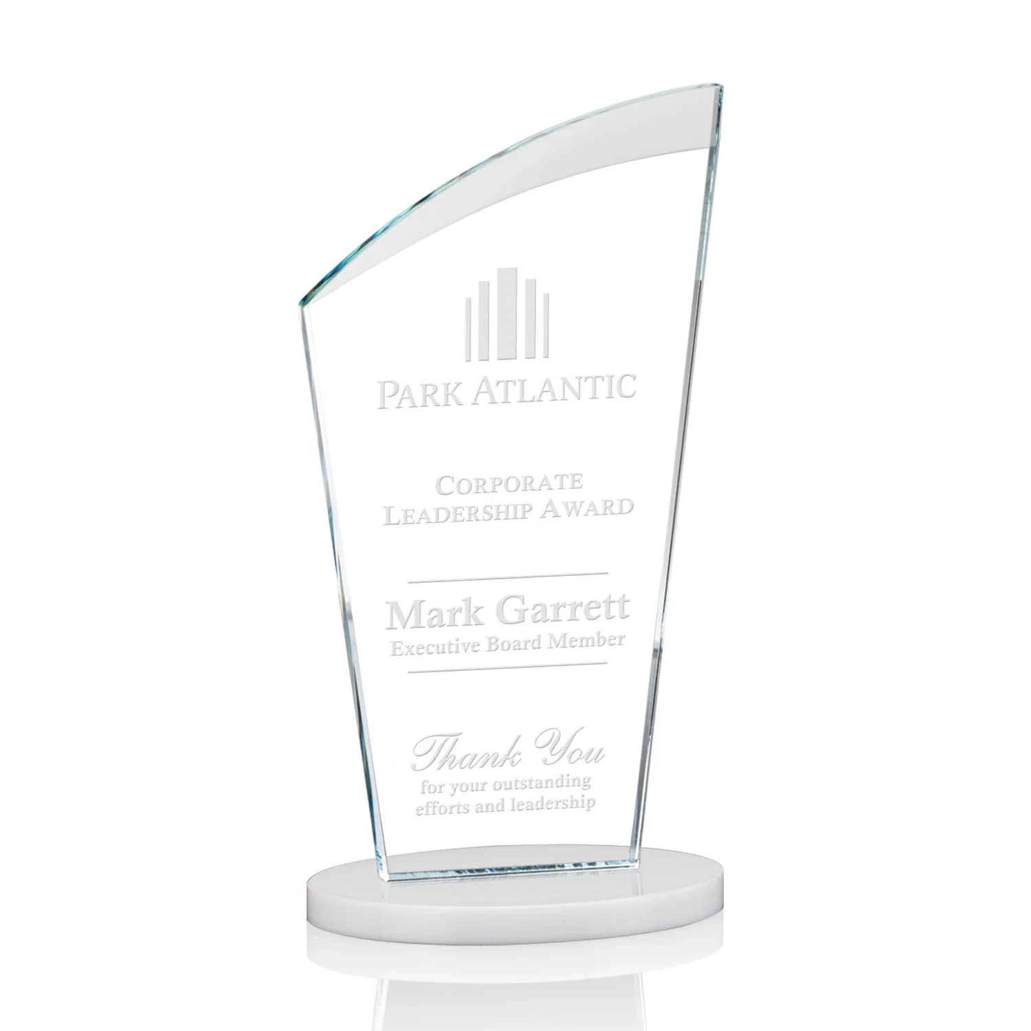 Personalized Starfire Crystal Oval Award with a Searchlight Bevel for company anniversary events