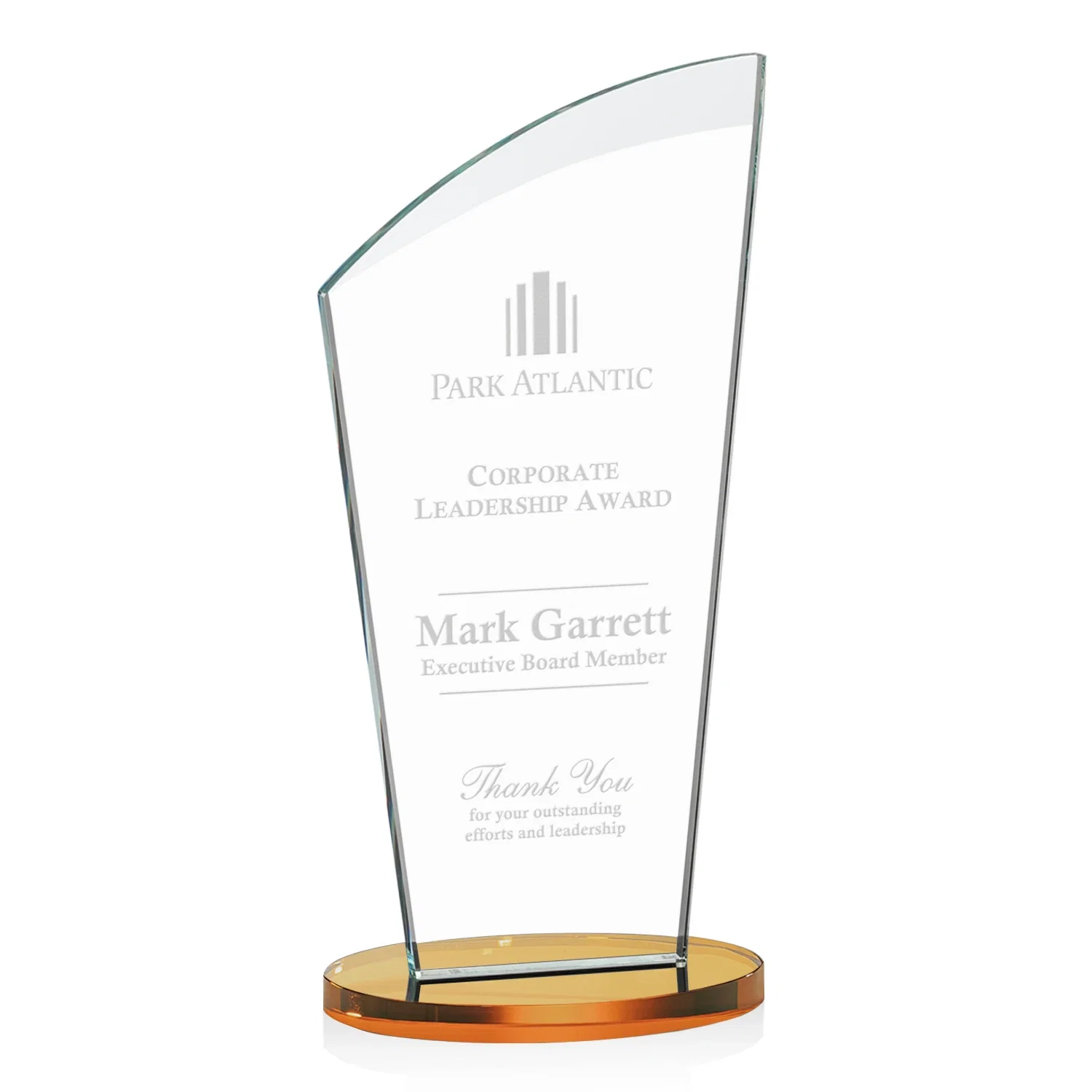Promotional Starfire Crystal Oval Award with a Searchlight Bevel for retirement presentations