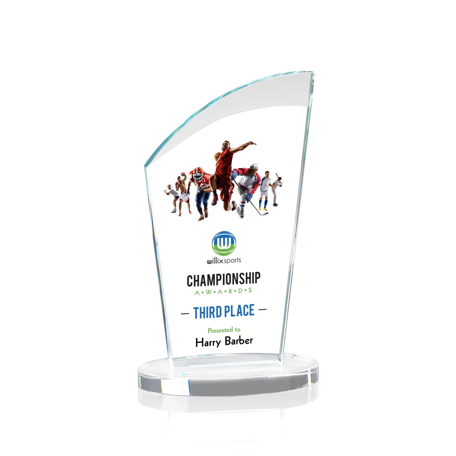 Branded Starfire Crystal Oval Award with a Searchlight Bevel for service anniversary gifts