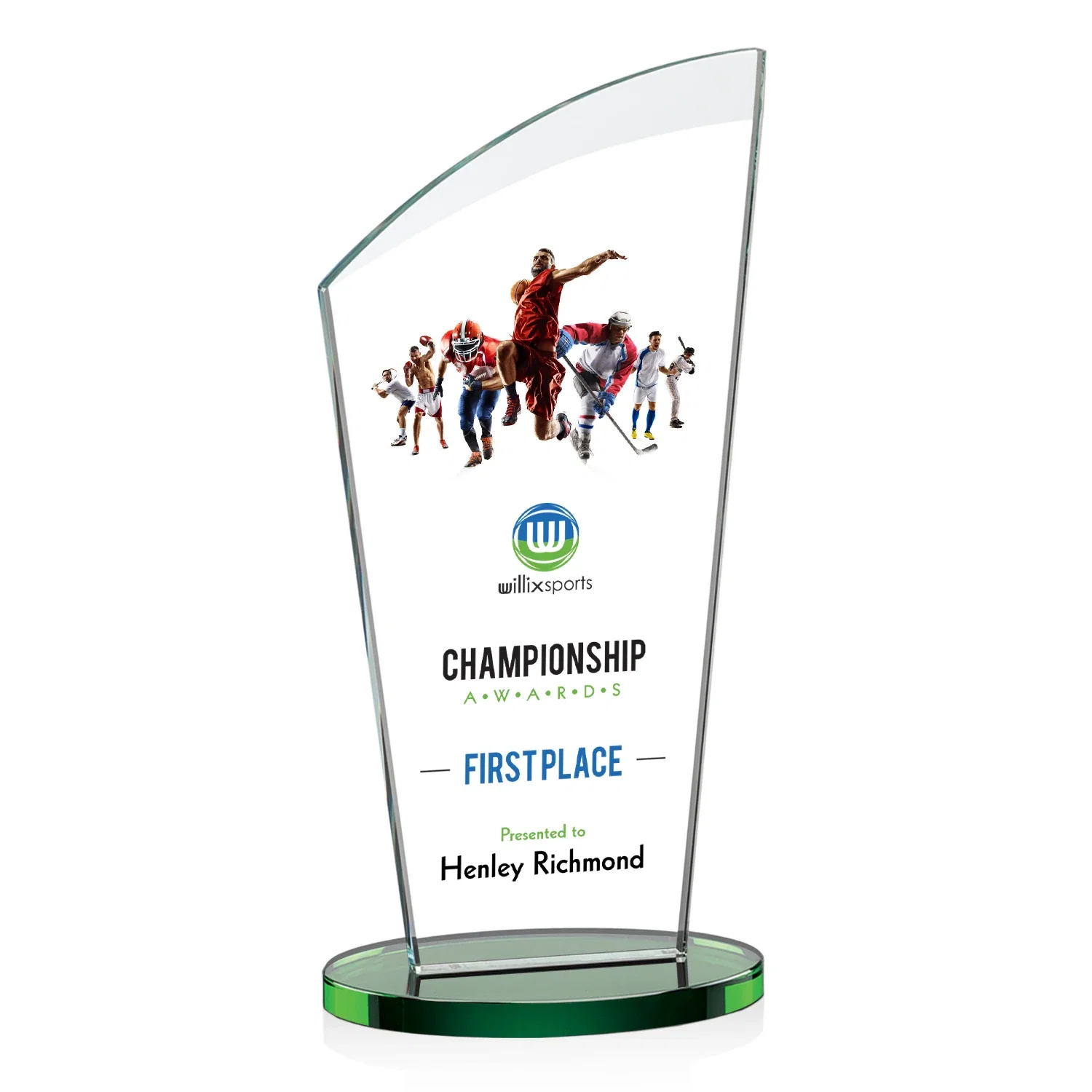 Custom printed Starfire Crystal Oval Award with a Searchlight Bevel for employee recognition