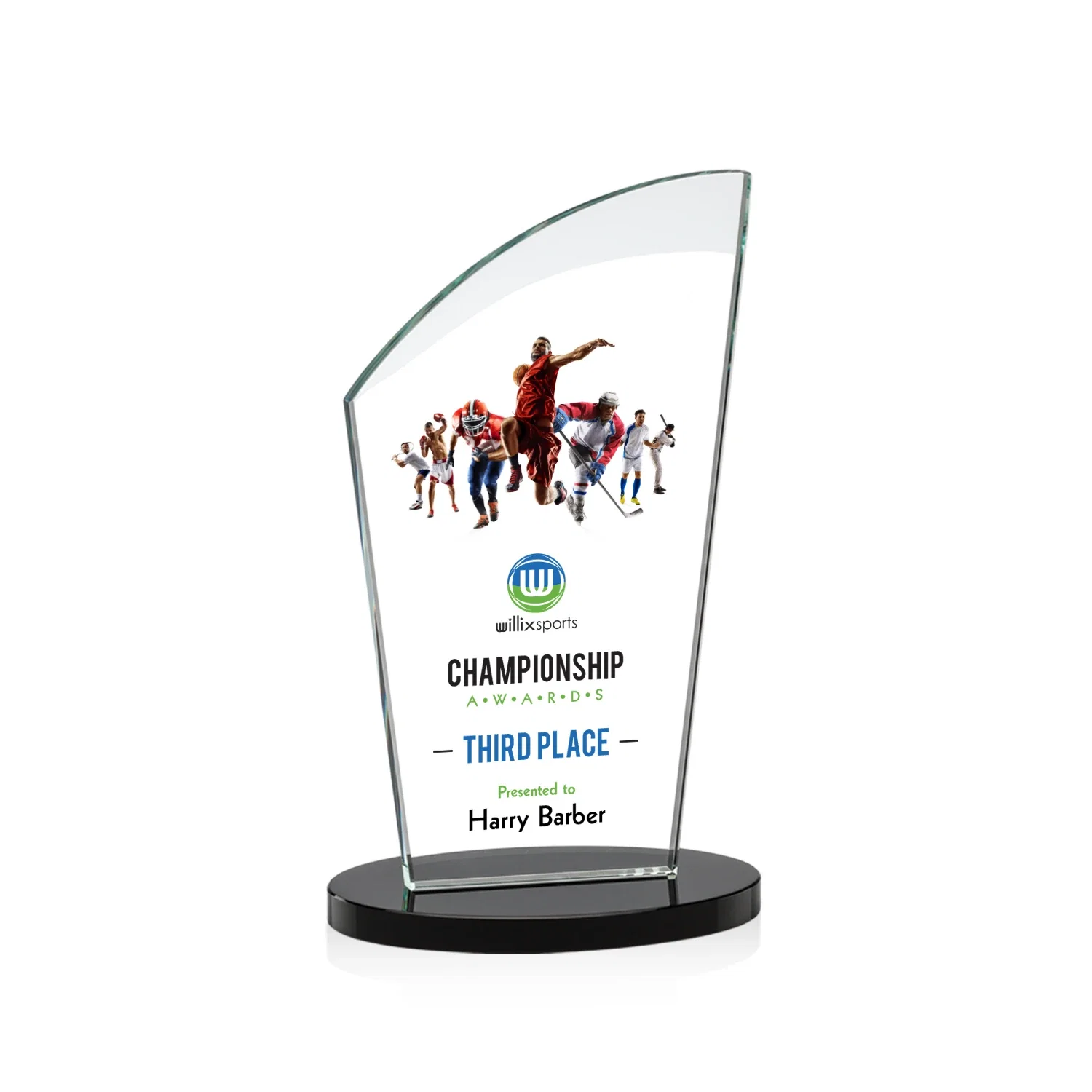 Custom printed Starfire Crystal Oval Award with a Searchlight Bevel for service anniversary gifts