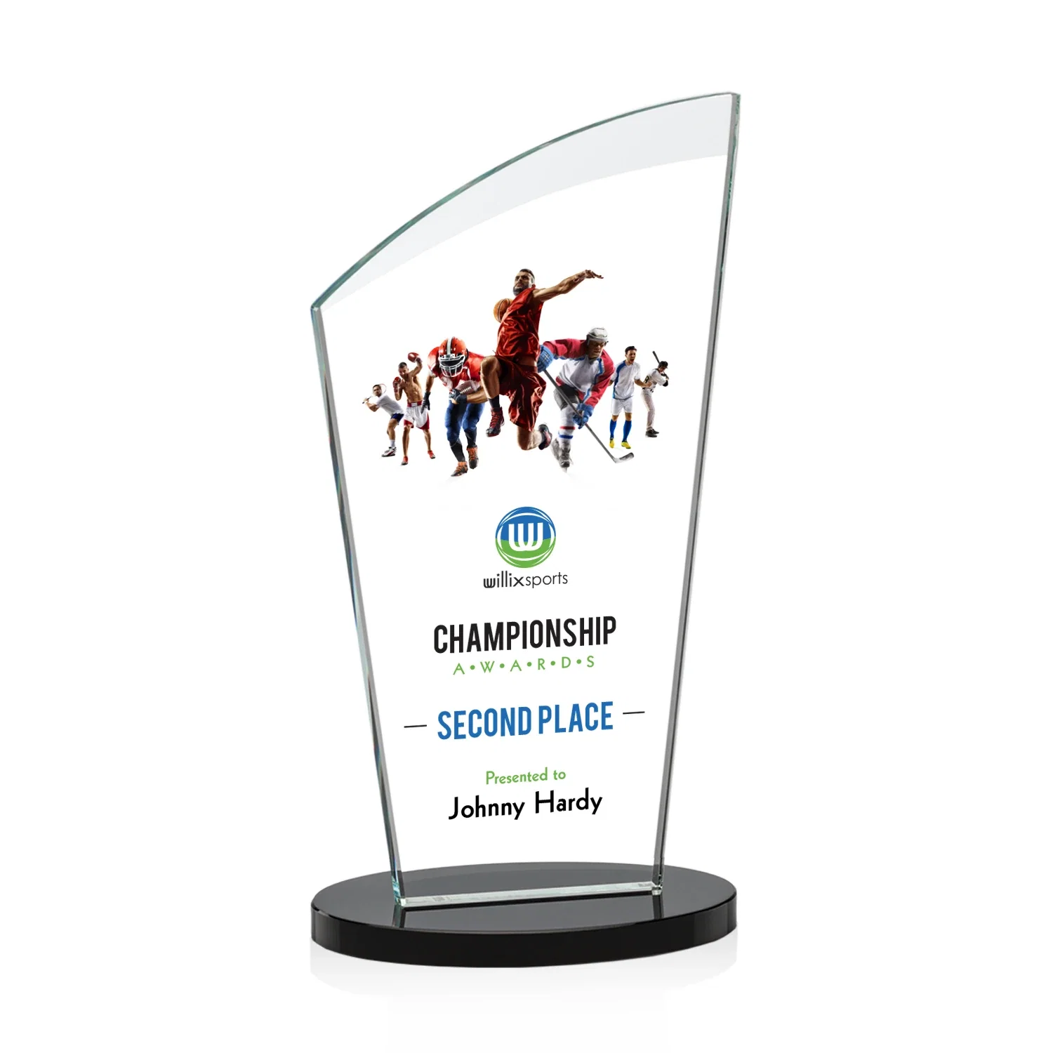 Custom printed Starfire Crystal Oval Award with a Searchlight Bevel for sales achievement awards
