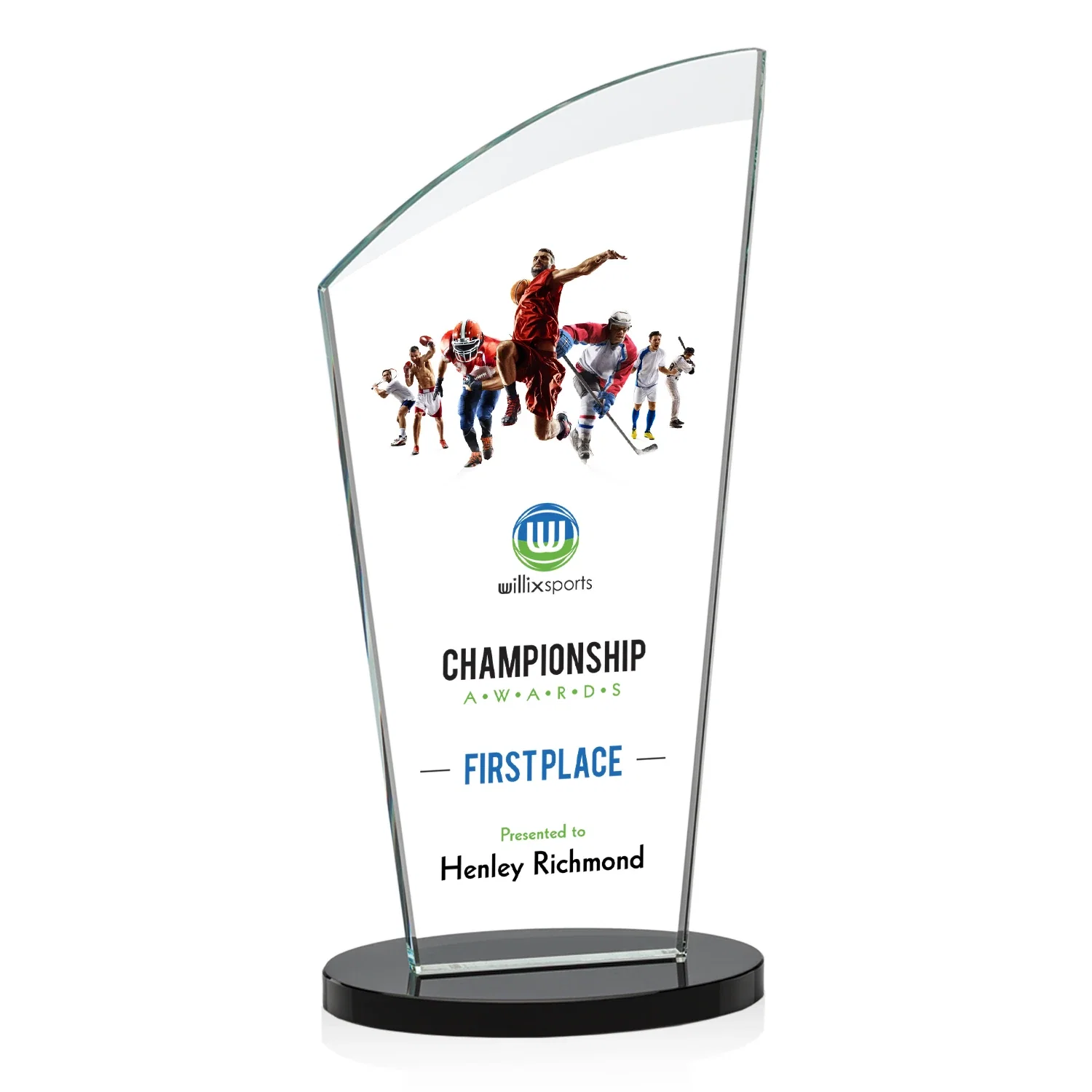 Custom printed Starfire Crystal Oval Award with a Searchlight Bevel for retirement presentations