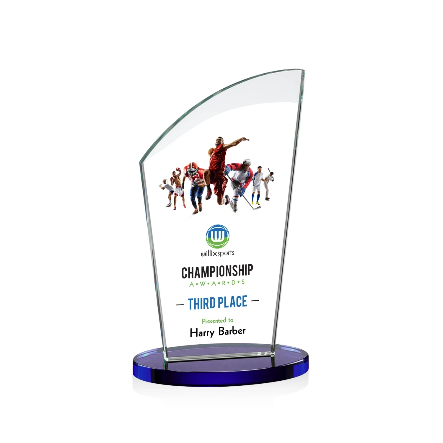 Custom printed Starfire Crystal Oval Award with a Searchlight Bevel for donor appreciation
