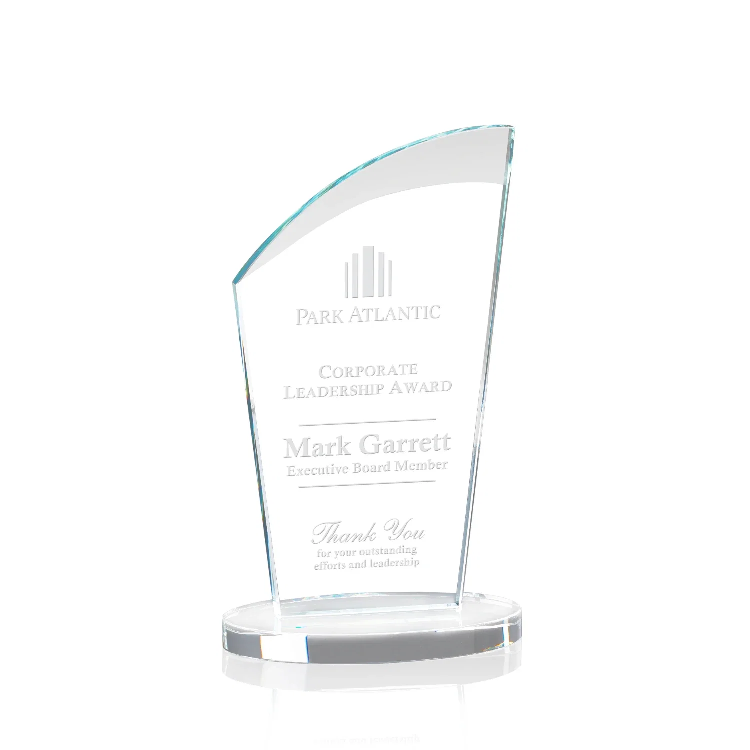 Custom Starfire Crystal Oval Award with a Searchlight Bevel for donor appreciation