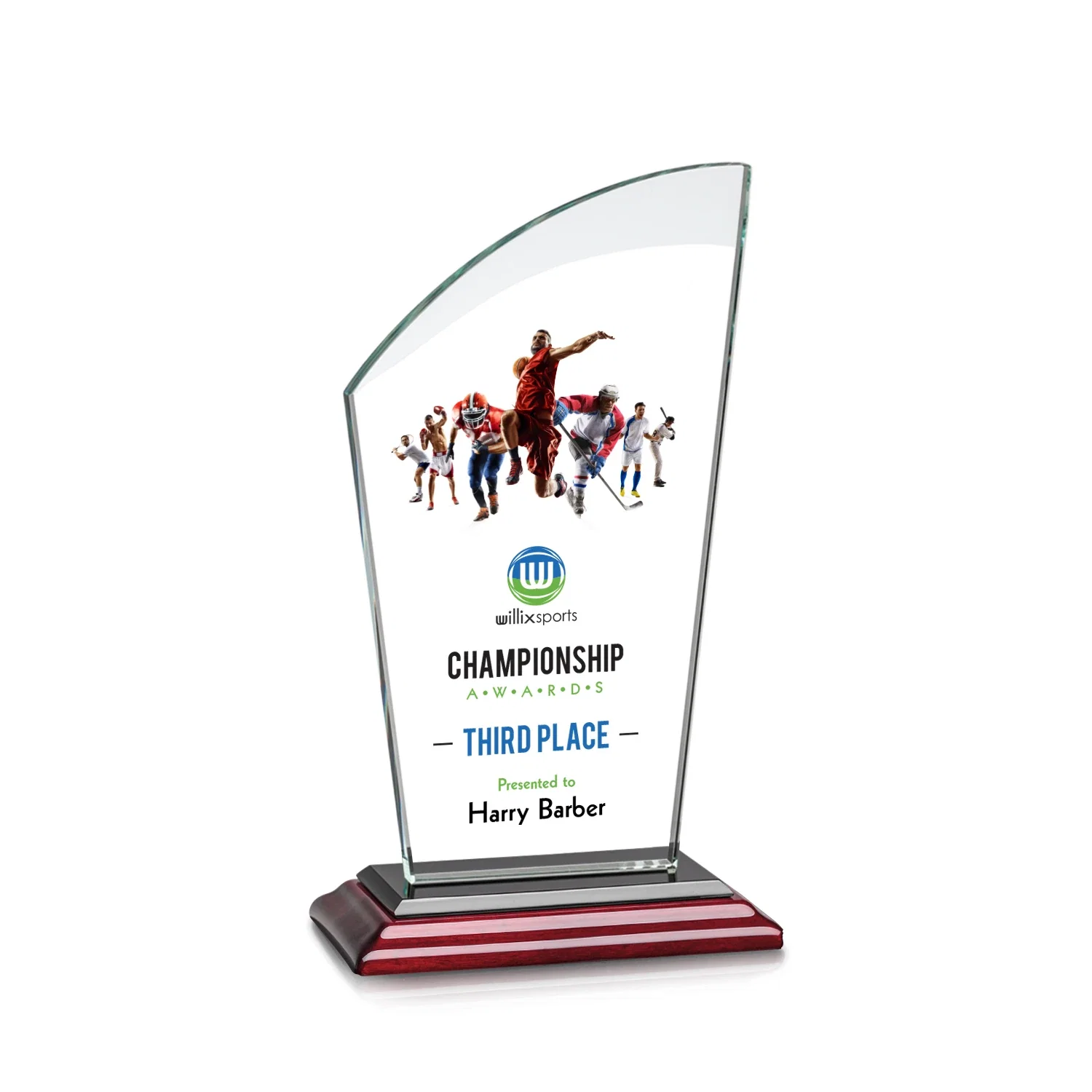 Custom printed Starfire Crystal Oval Award with a Searchlight Bevel for dealer and partner awards