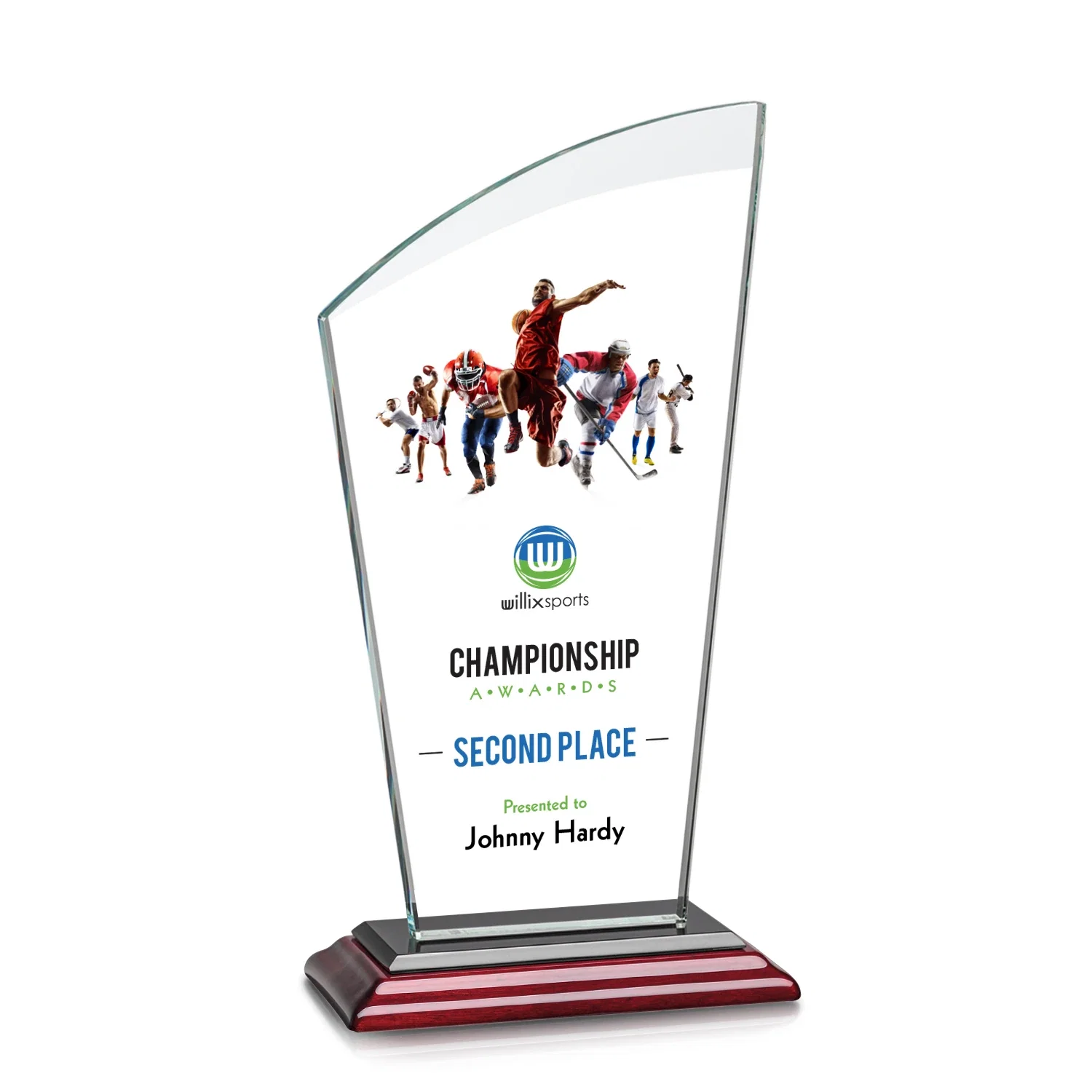 Custom printed Starfire Crystal Oval Award with a Searchlight Bevel for company anniversary events