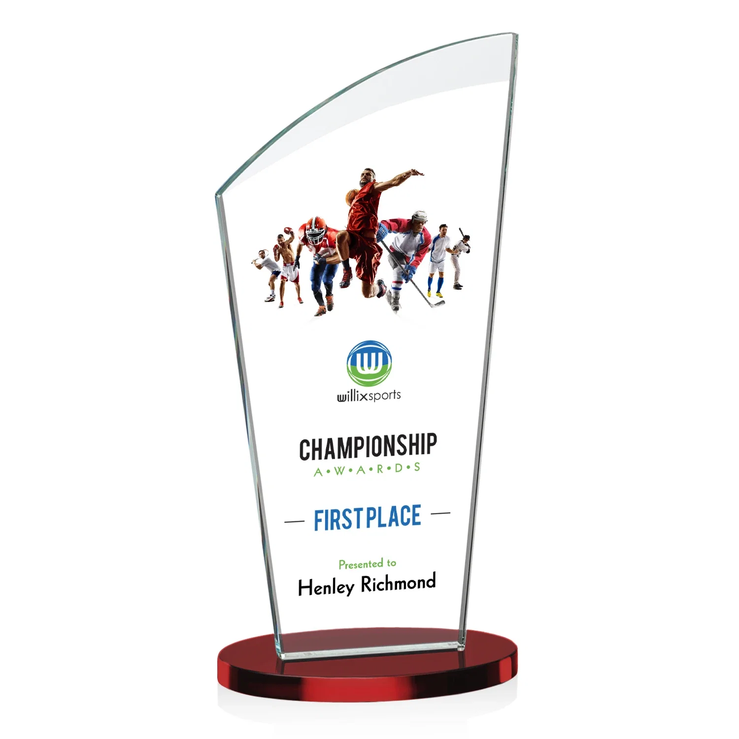 Customized Starfire Crystal Oval Award with a Searchlight Bevel for retirement presentations