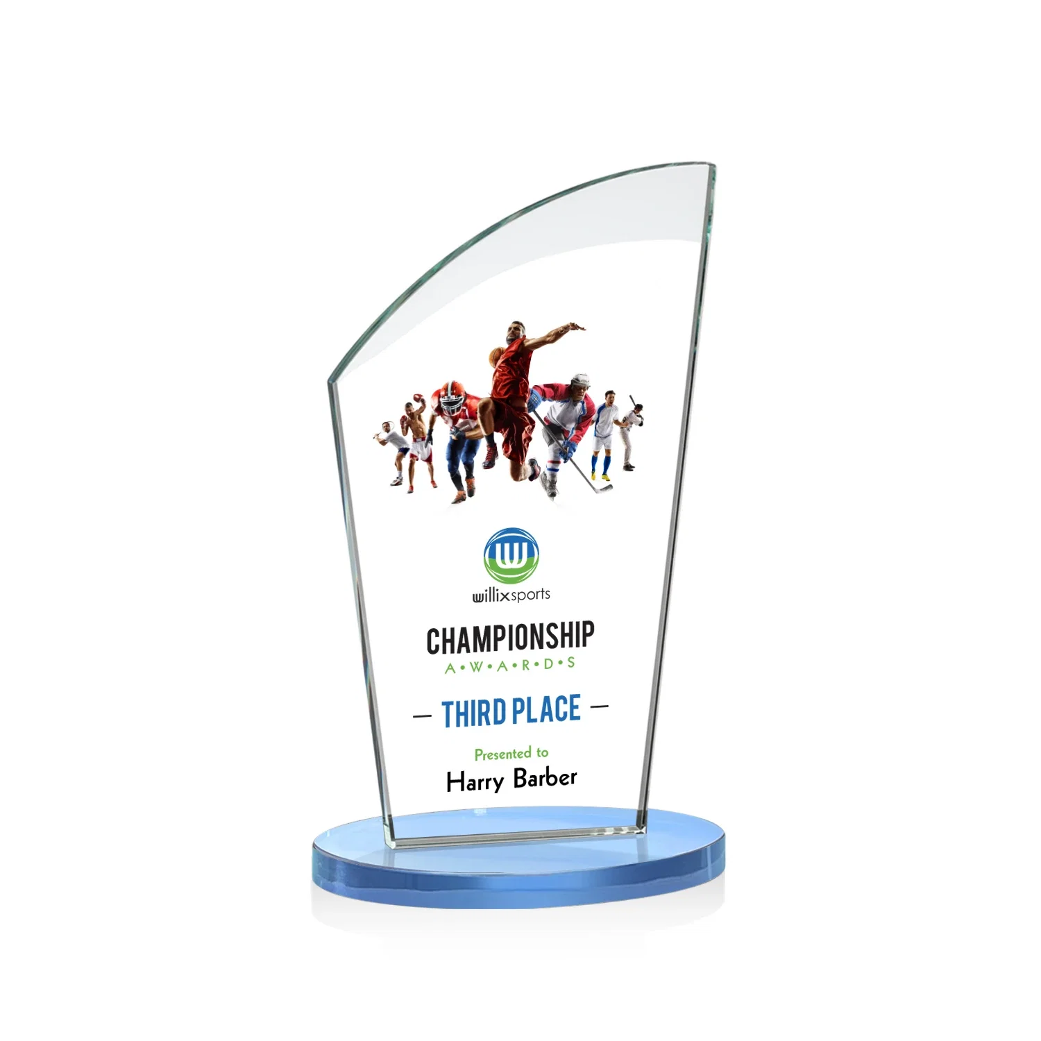 Customized Starfire Crystal Oval Award with a Searchlight Bevel for donor appreciation