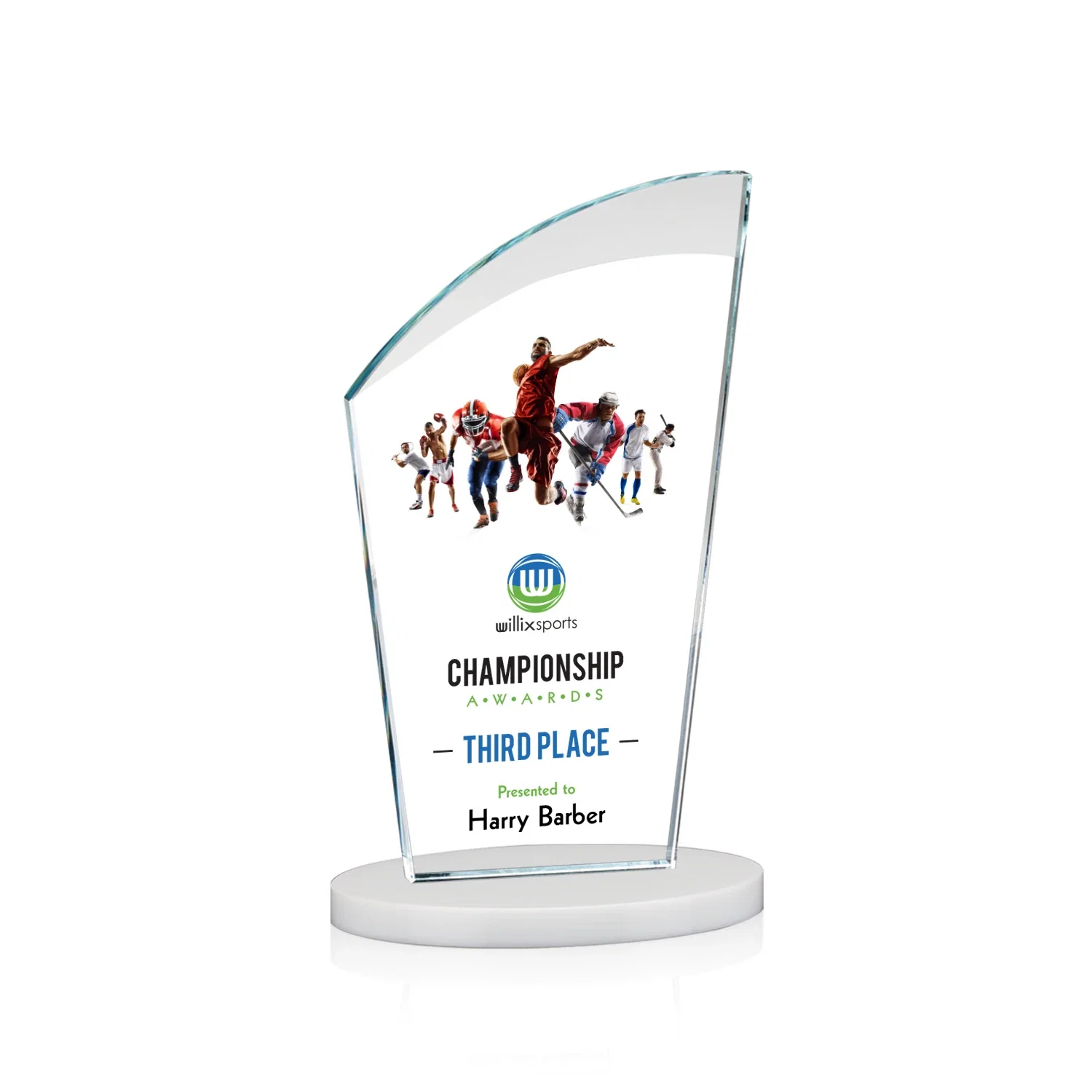 Customized Starfire Crystal Oval Award with a Searchlight Bevel for dealer and partner awards