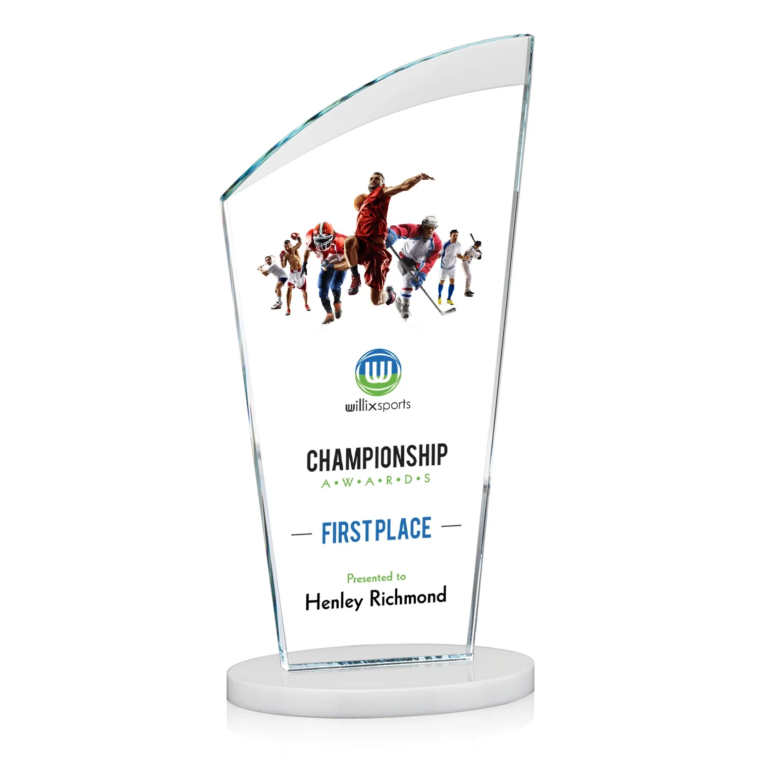 Custom engraved Starfire Crystal Oval Award with a Searchlight Bevel for employee recognition