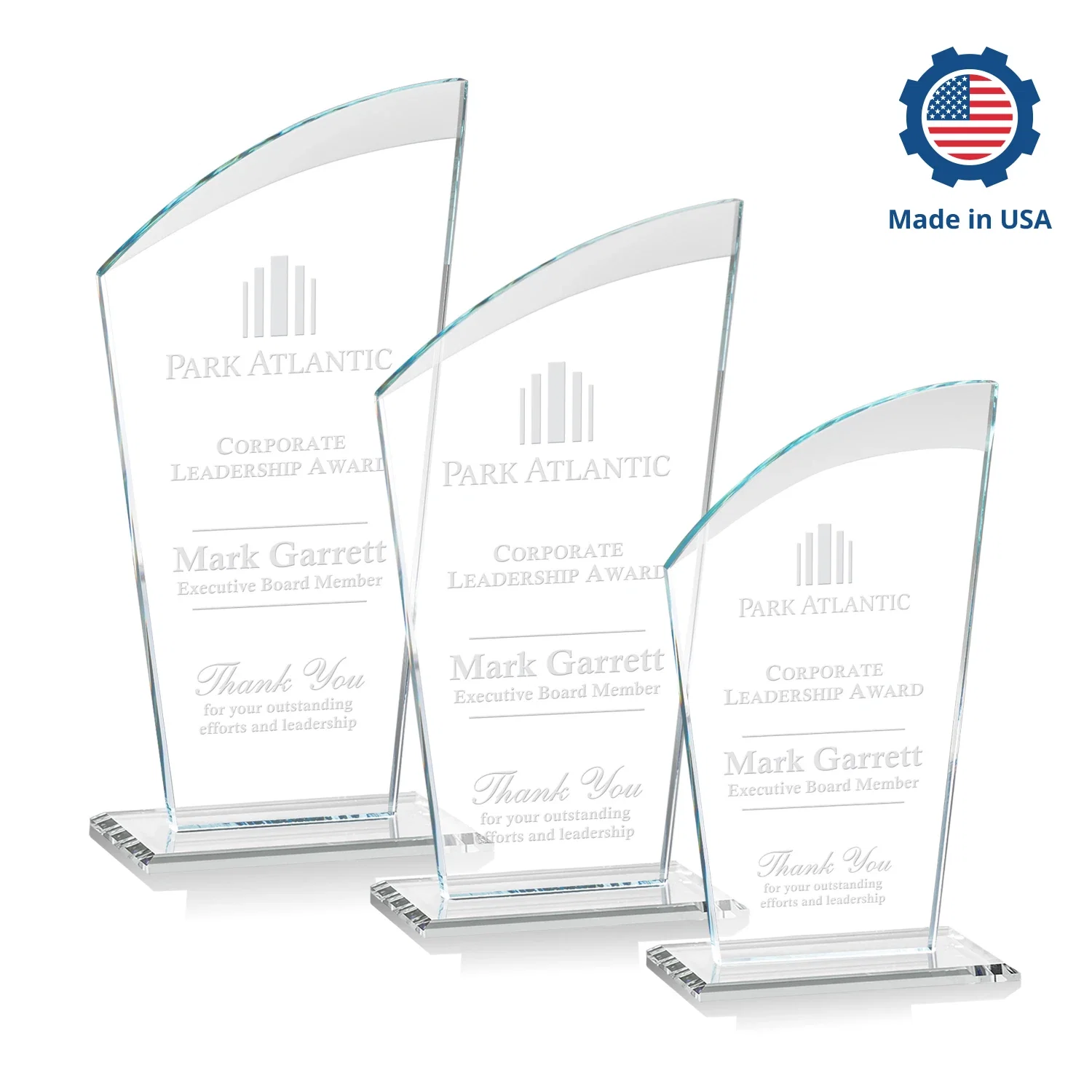 Custom engraved Starfire Crystal Oval Award with a Searchlight Bevel for corporate award ceremonies