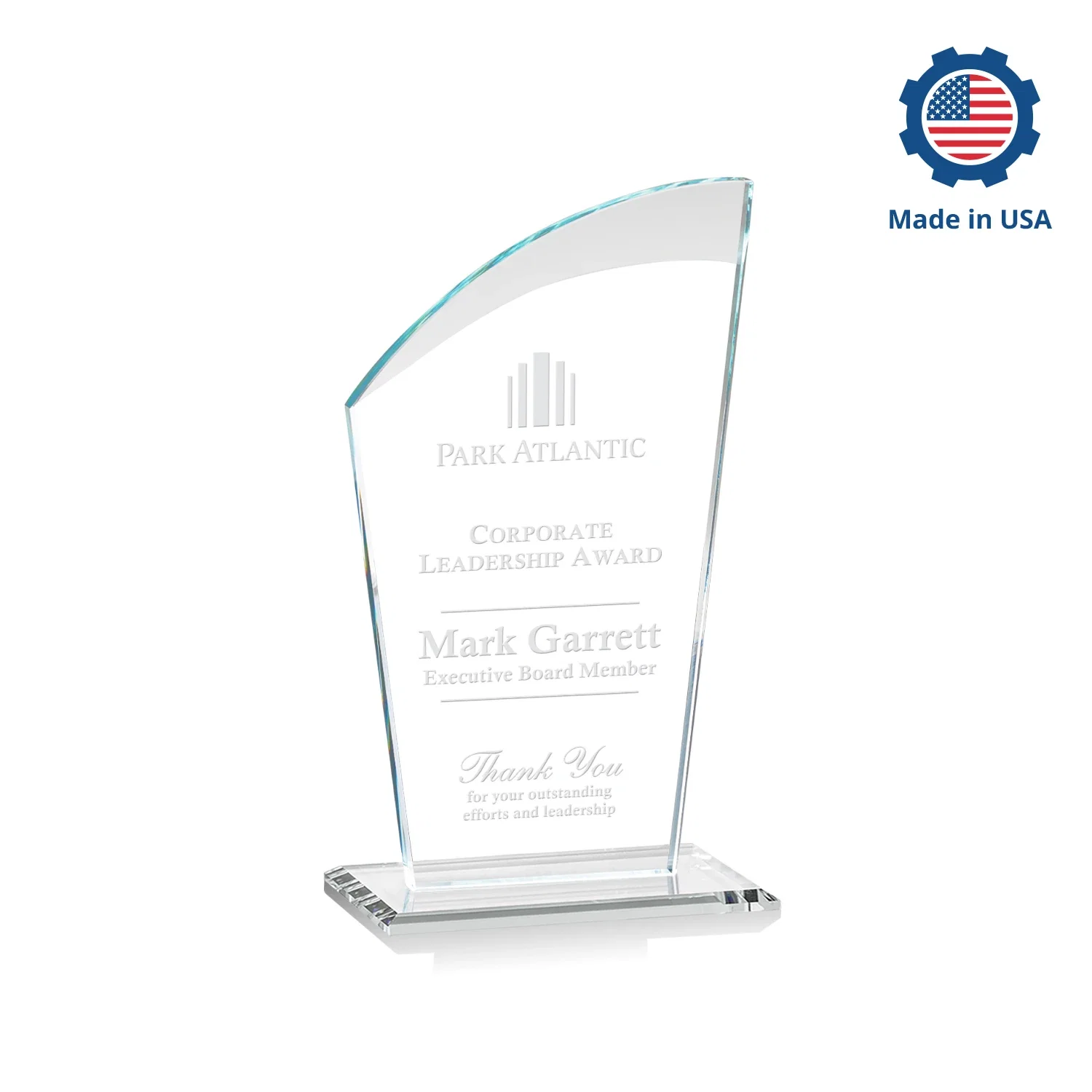 Custom engraved Starfire Crystal Oval Award with a Searchlight Bevel for service anniversary gifts