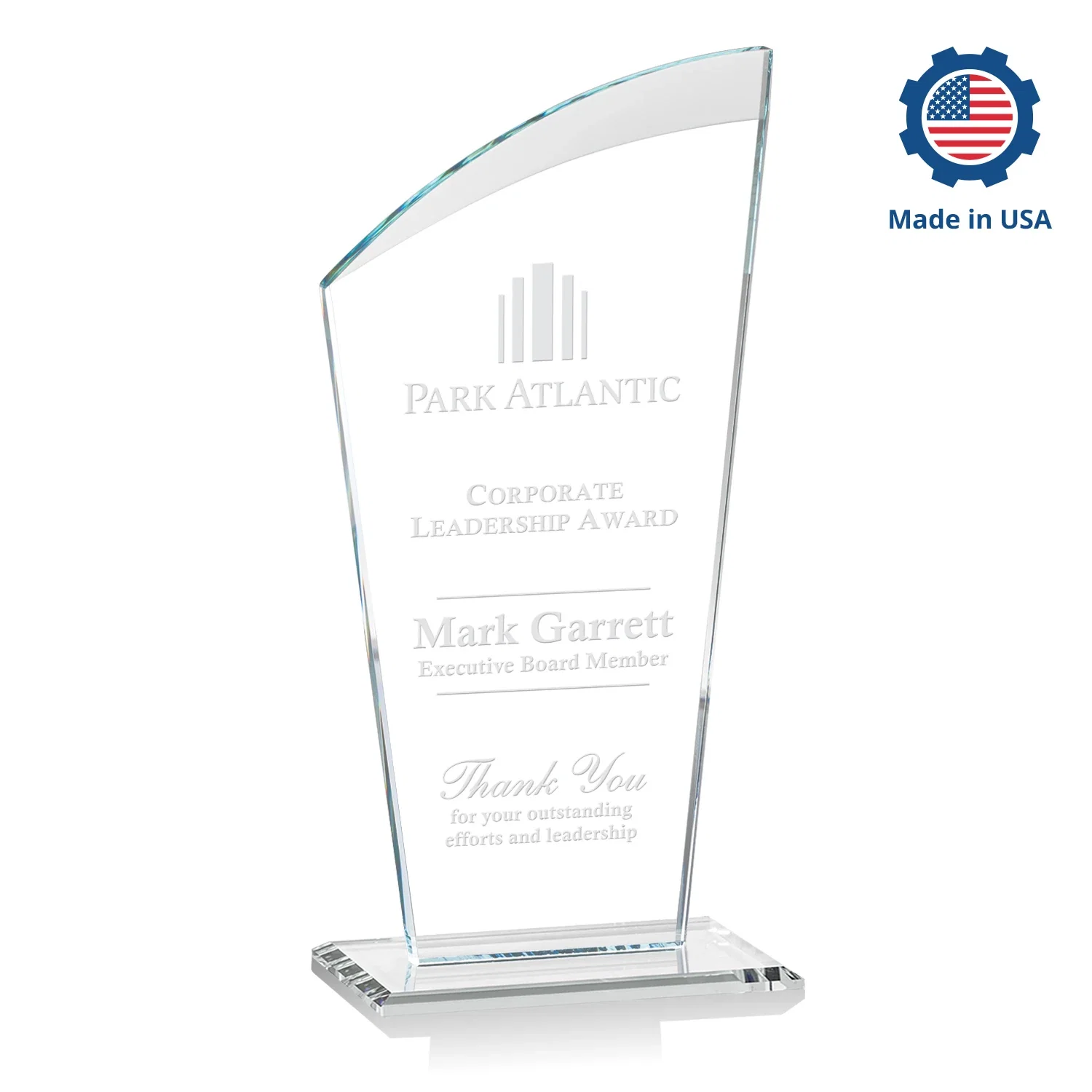 Custom engraved Starfire Crystal Oval Award with a Searchlight Bevel for sales achievement awards