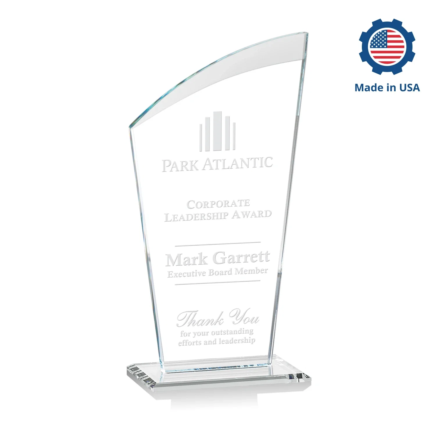 Custom engraved Starfire Crystal Oval Award with a Searchlight Bevel for retirement presentations
