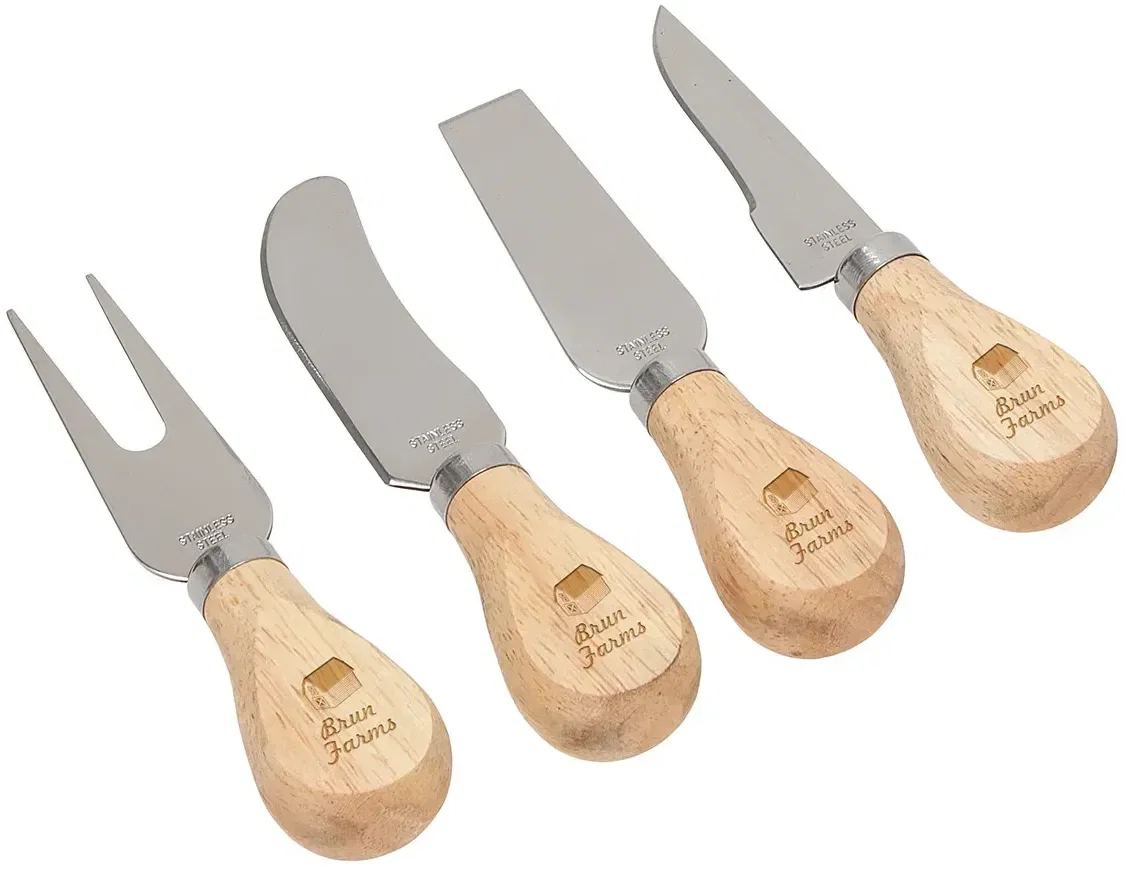 Tomme custom branded 4-piece cheese knife set front view with logo gift box