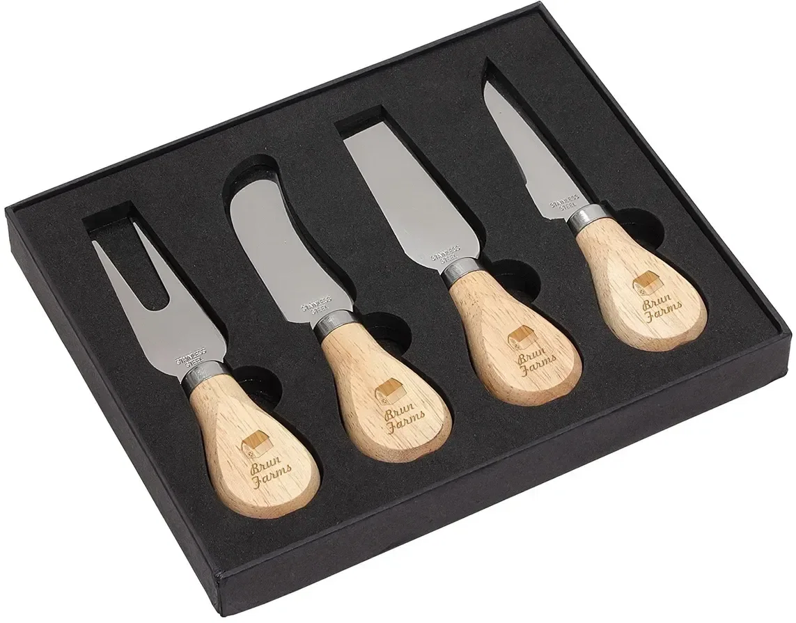 Promotional cheese knife set showing all four stainless tools