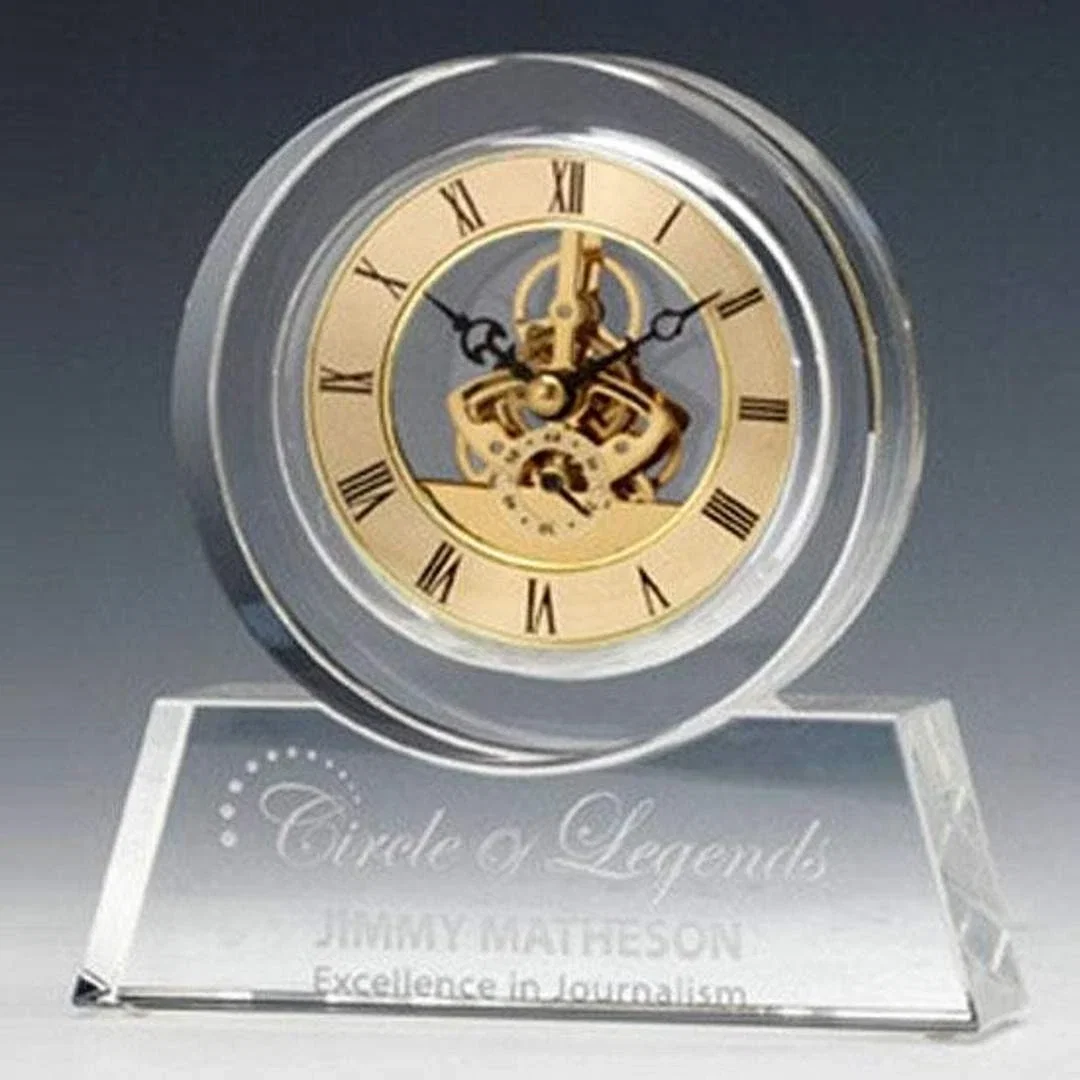 Custom Optical Crystal Clock With Floating Gold Skeleton Movement for employee recognition