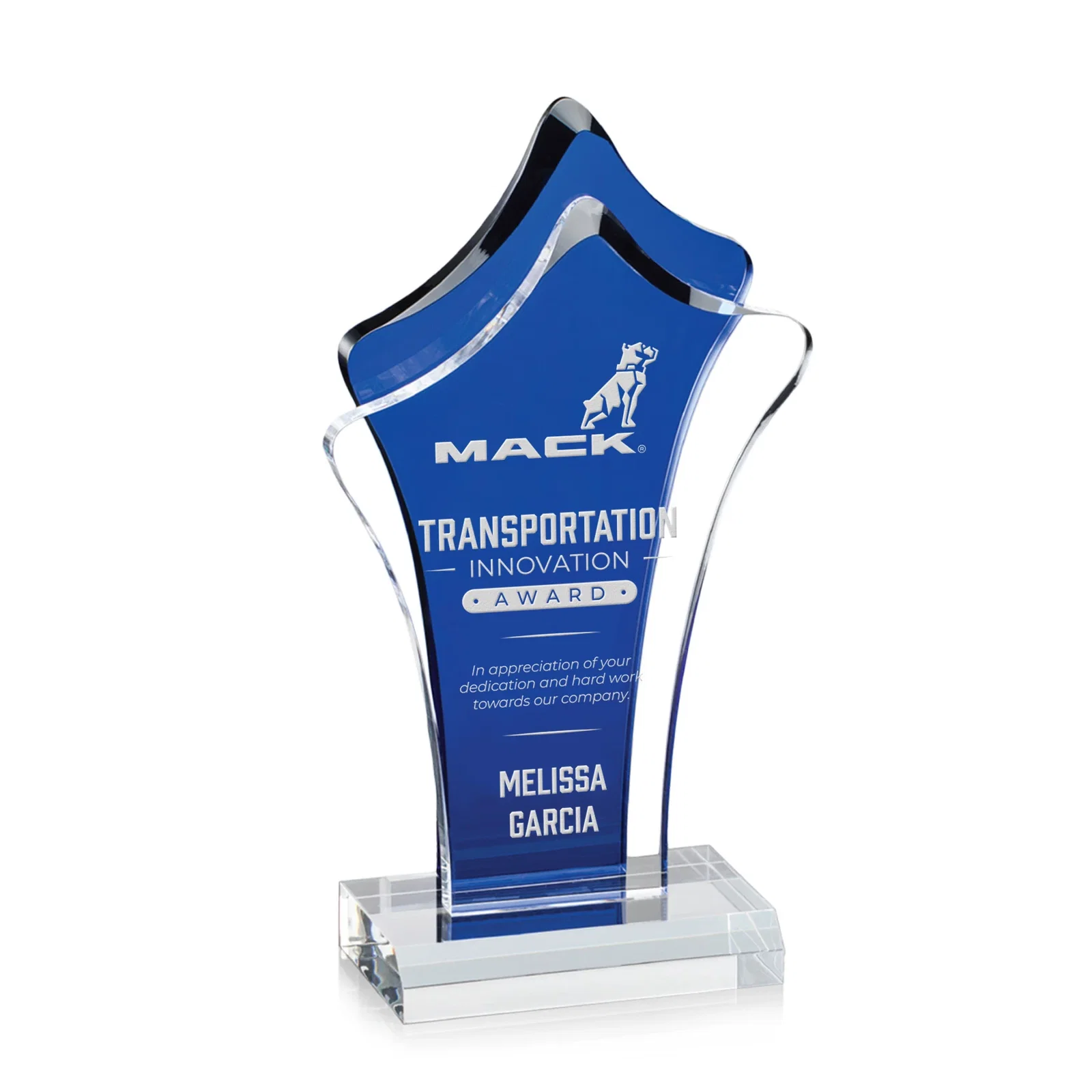 Custom Organic-Shape Acrylic Award With Azure Accent Layer for service anniversary gifts