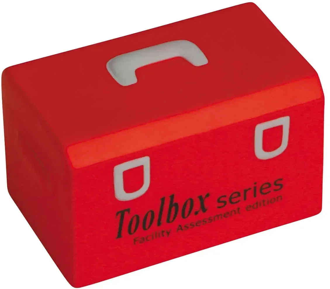 Custom Toolbox Stress Reliever shaped like a toolbox, molded foam squeeze toy with promotional logo