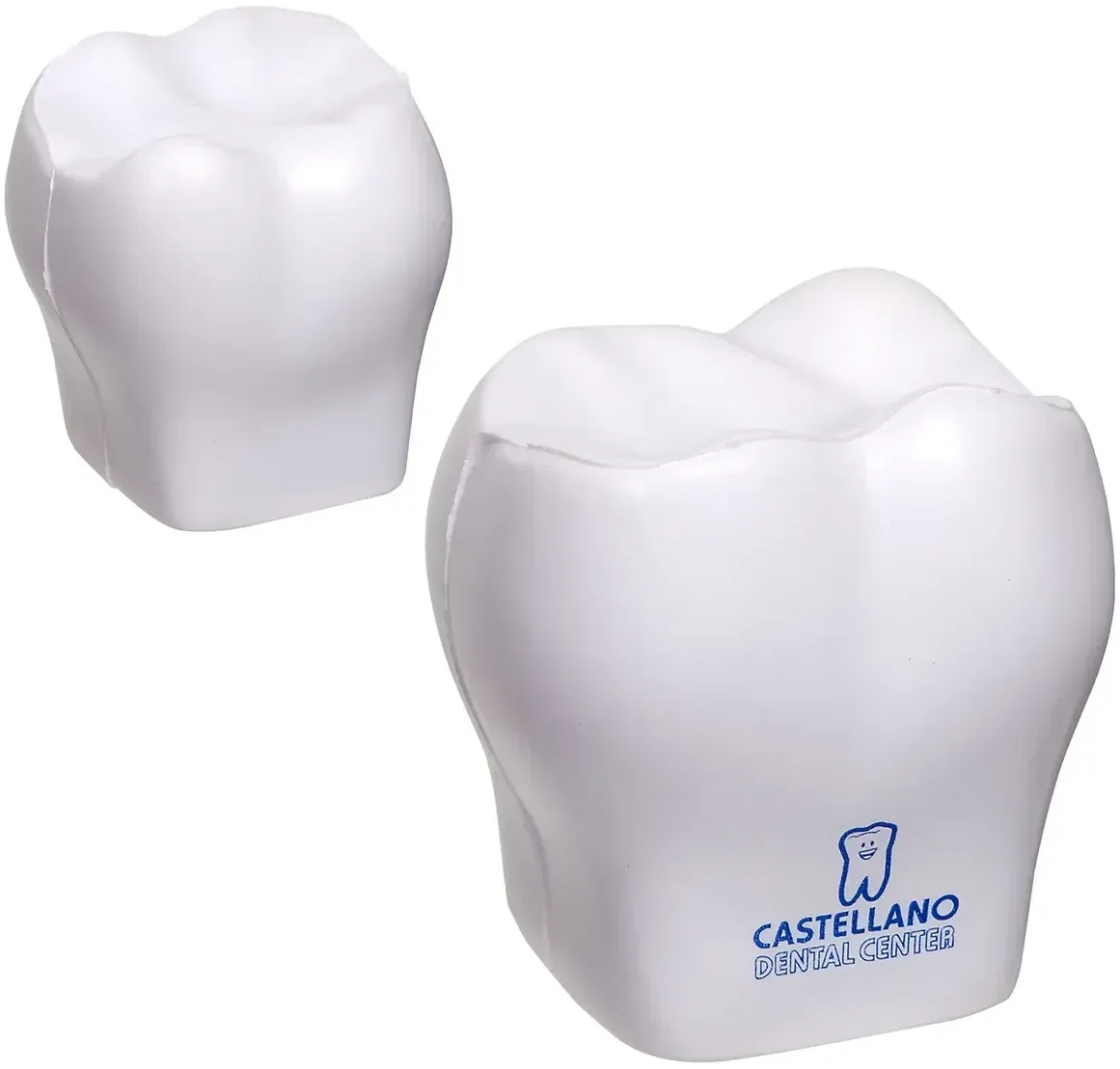 Molar tooth custom stress reliever, branded promotional squeeze toy for dental logo giveaways