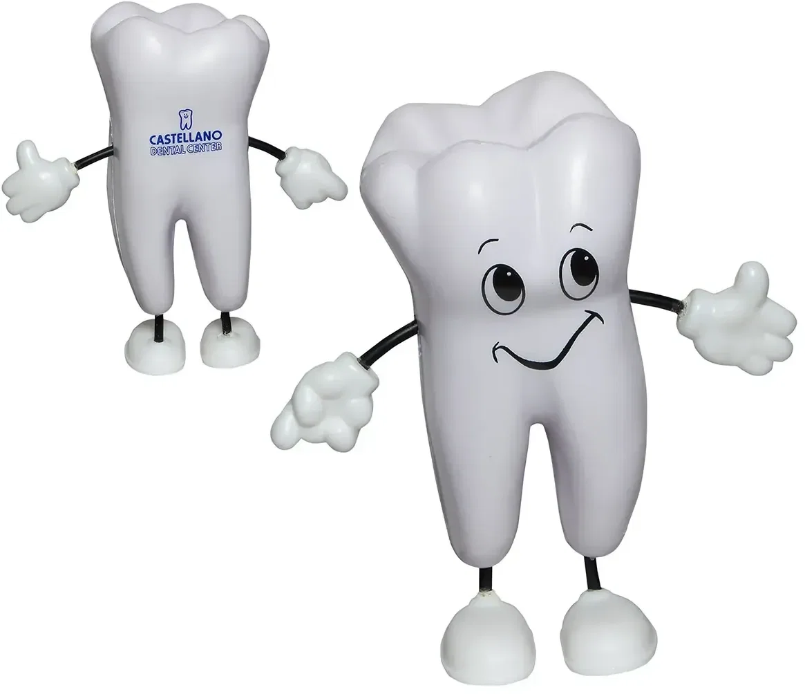 Tooth Stress Reliever Figurine, a branded molar squeeze toy with a friendly face for custom dental logo gifts