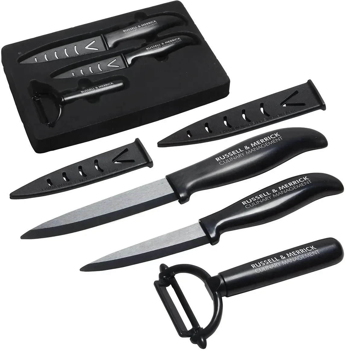 Top Choice custom ceramic knife and peeler set in a branded gift box, promotional kitchen set, front view