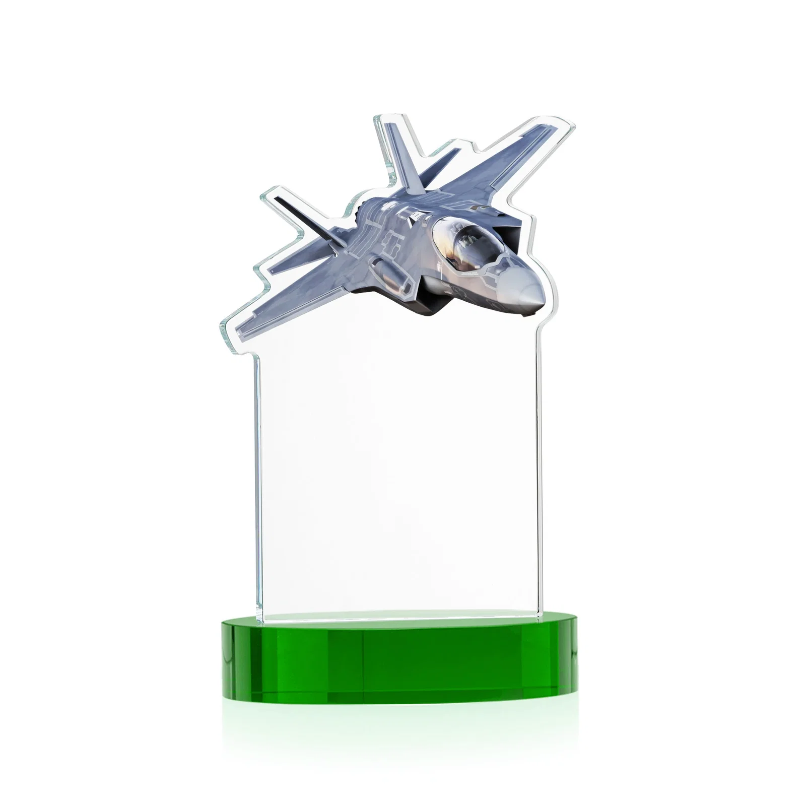 Custom engraved Starfire Crystal Jet Award on Alberton Oval Base for company anniversary events