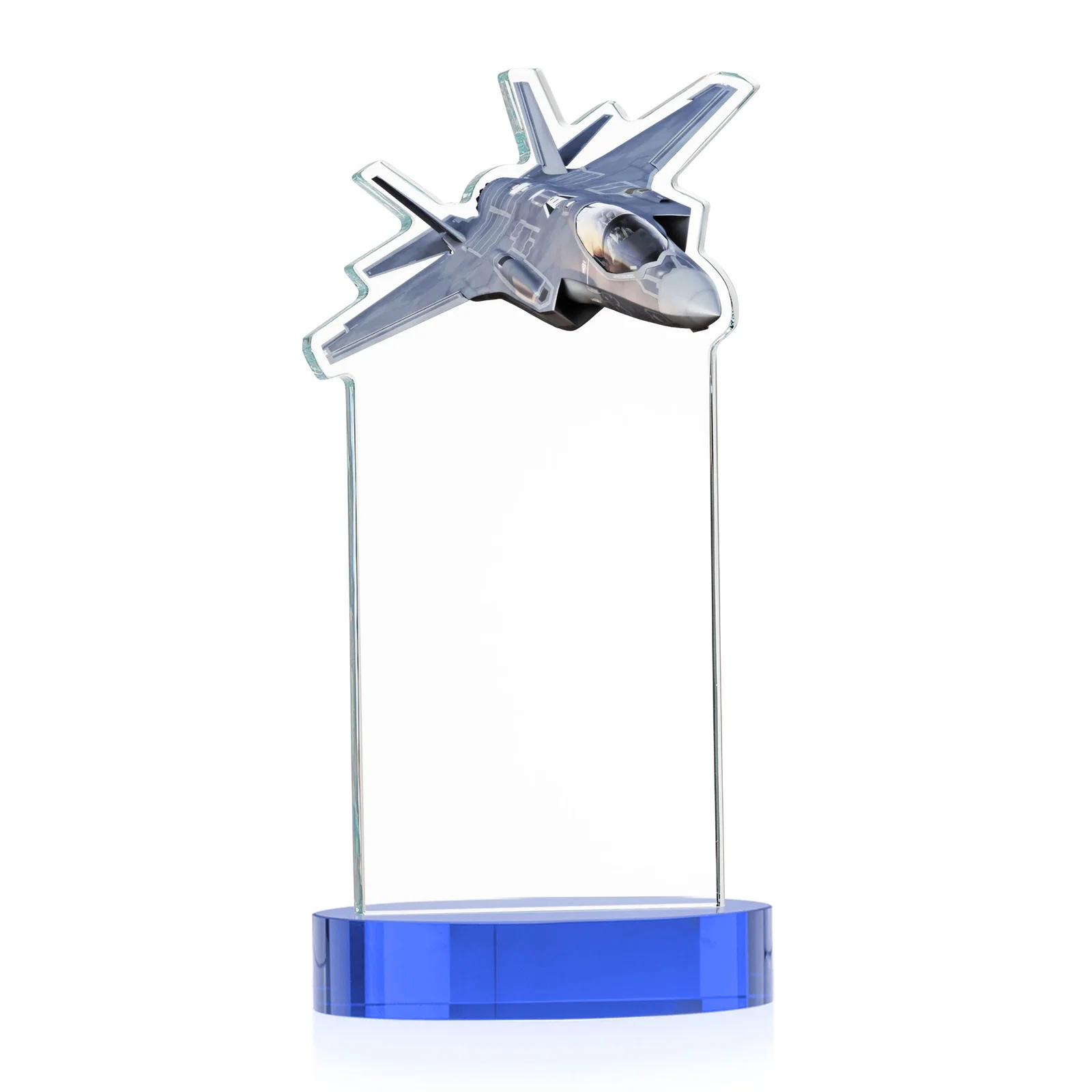 Personalized Starfire Crystal Jet Award on Alberton Oval Base, with your logo for employee recognition