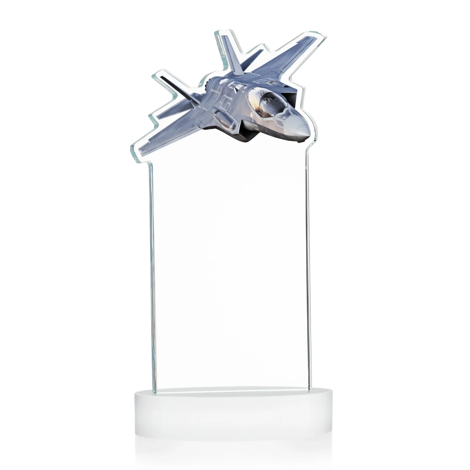 Personalized Starfire Crystal Jet Award on Alberton Oval Base, with your logo for sales achievement awards