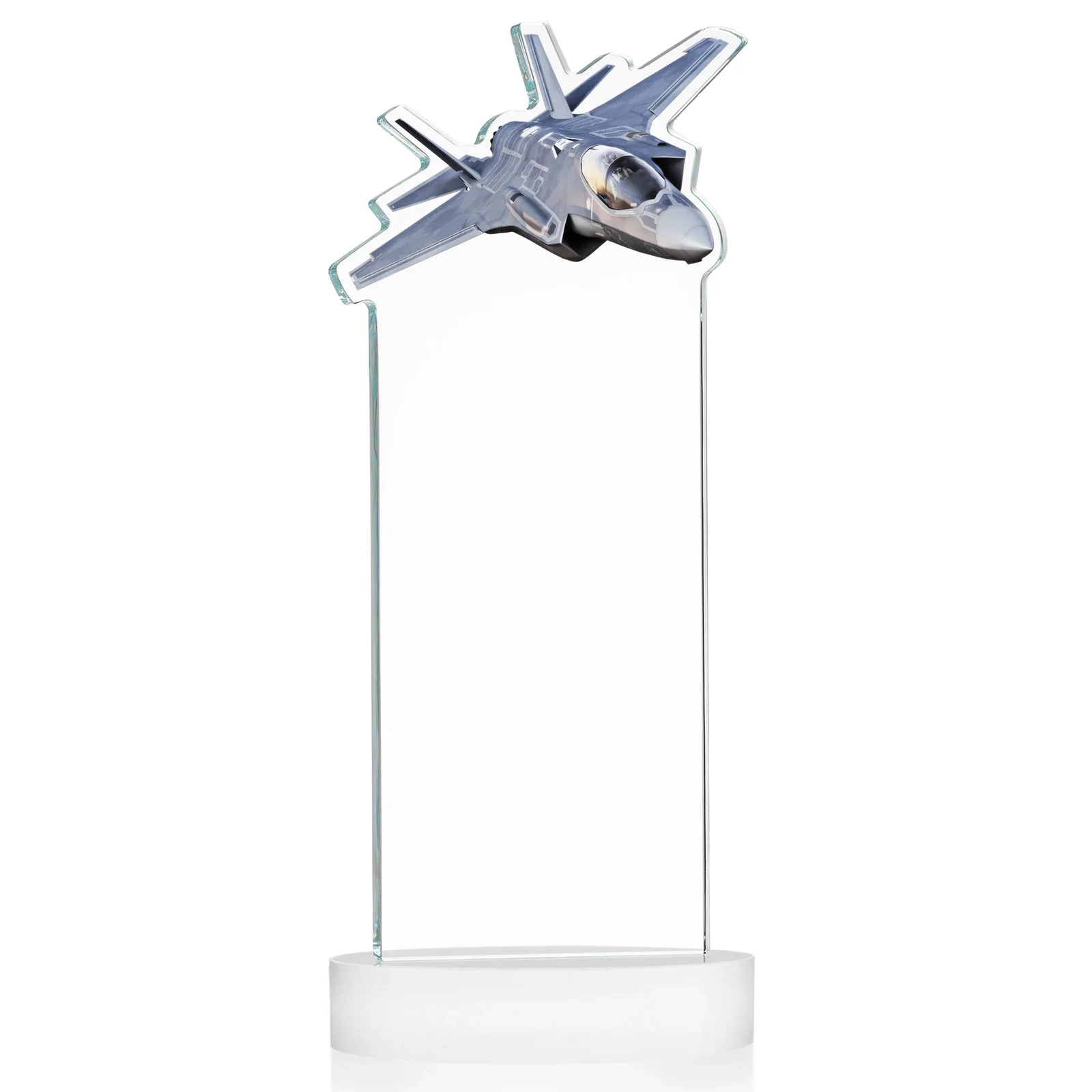Personalized Starfire Crystal Jet Award on Alberton Oval Base, with your logo for retirement presentations
