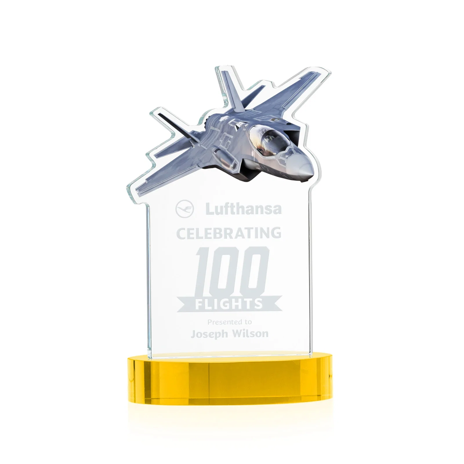 Custom Starfire Crystal Jet Award on Alberton Oval Base for dealer and partner awards