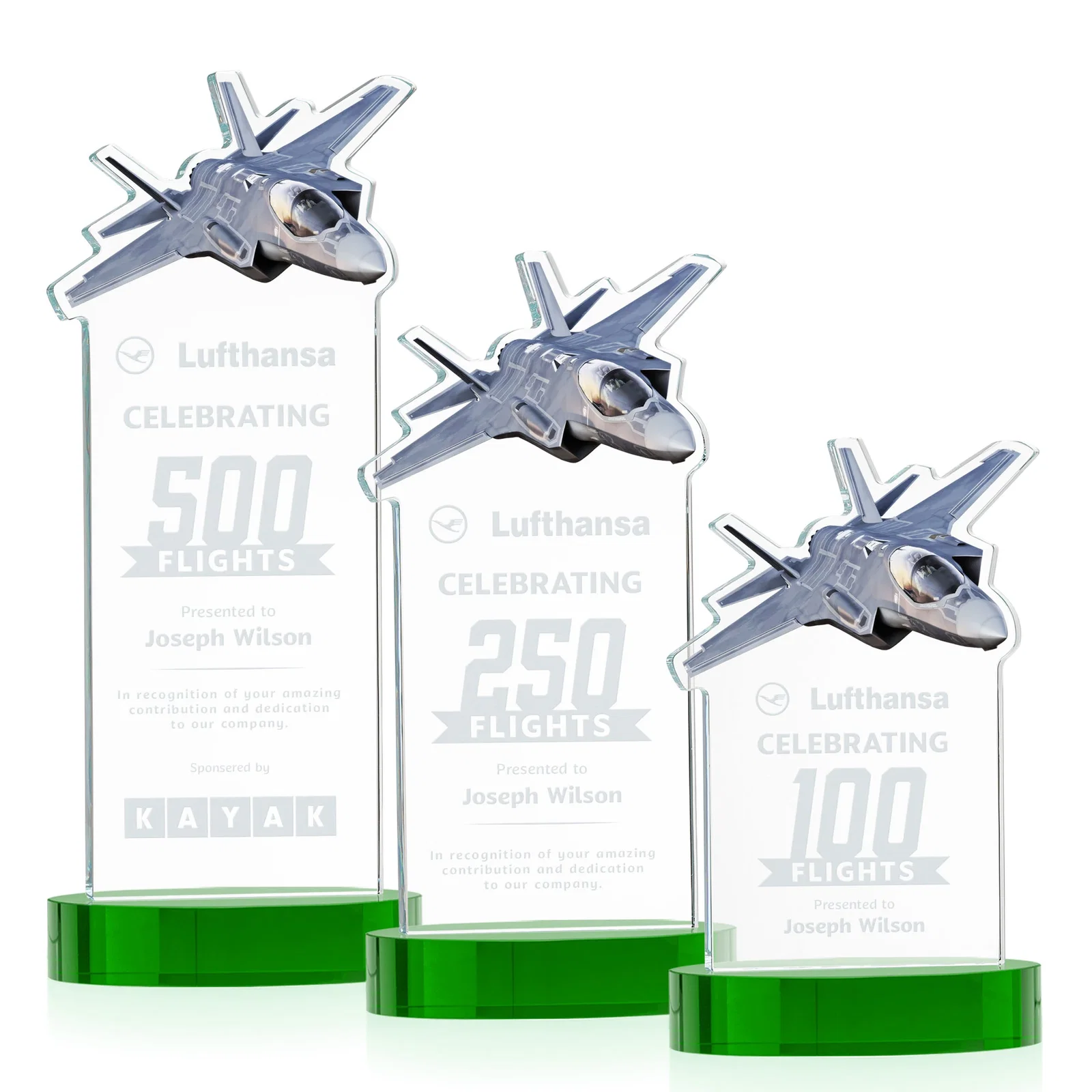 Personalized Starfire Crystal Jet Award on Alberton Oval Base for corporate award ceremonies