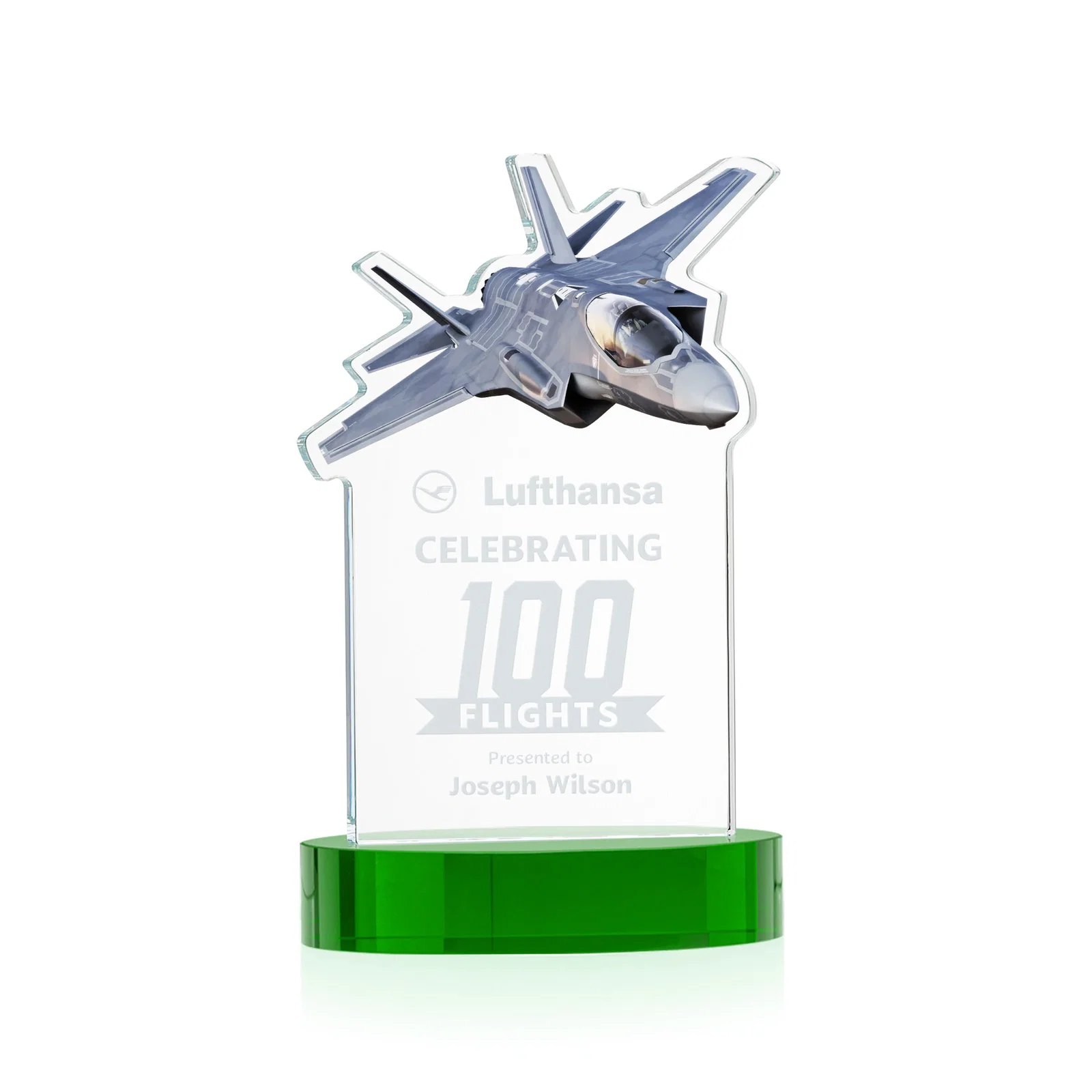 Personalized Starfire Crystal Jet Award on Alberton Oval Base for service anniversary gifts