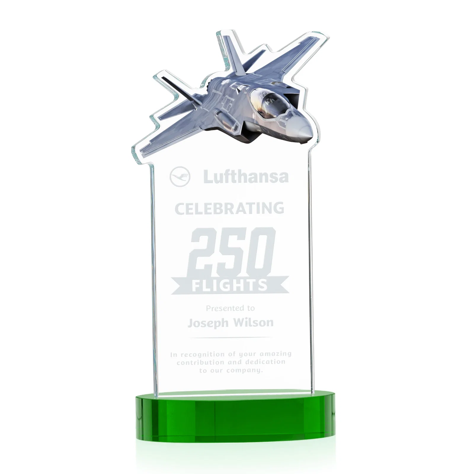 Personalized Starfire Crystal Jet Award on Alberton Oval Base for sales achievement awards