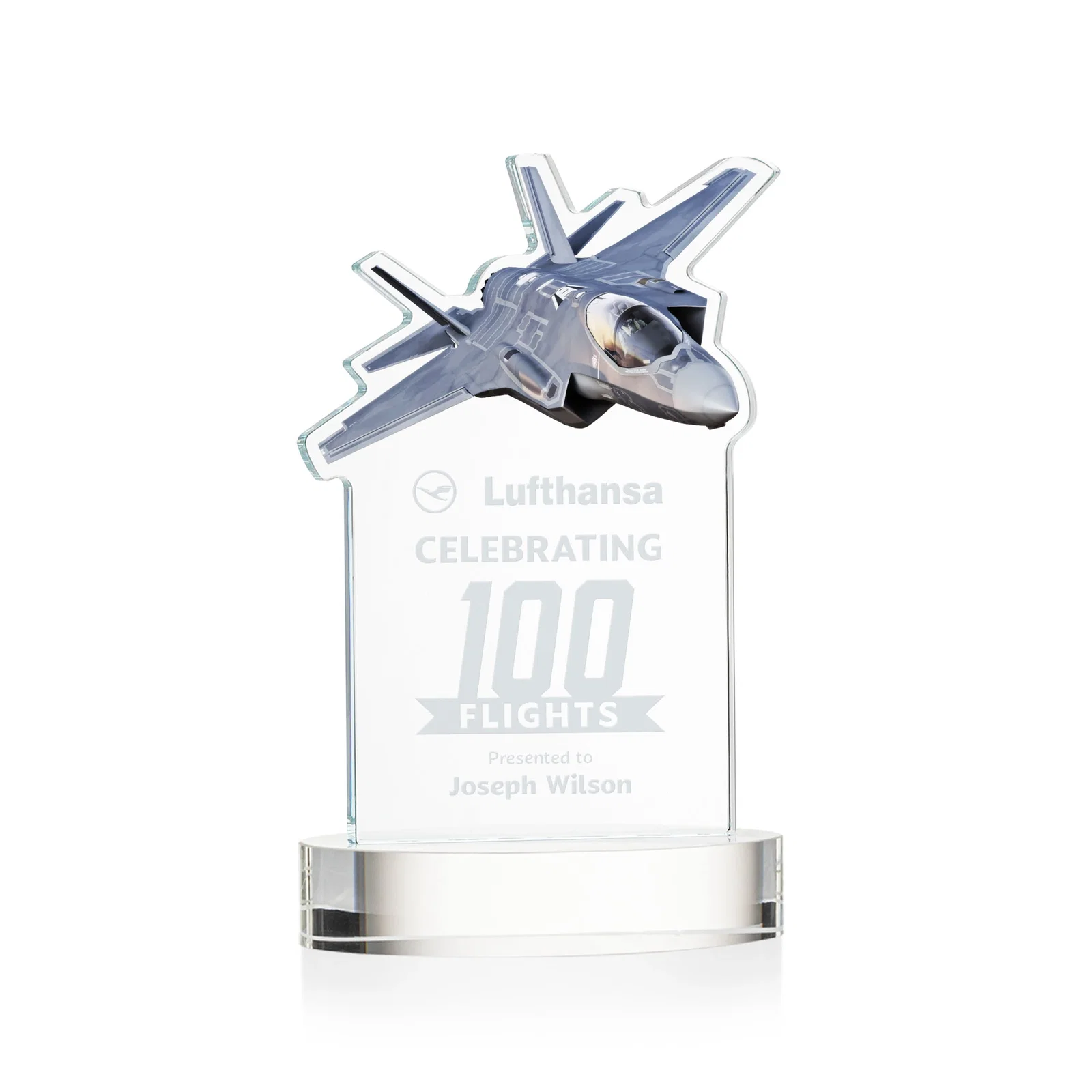 Custom Starfire Crystal Jet Award on Alberton Oval Base for corporate award ceremonies